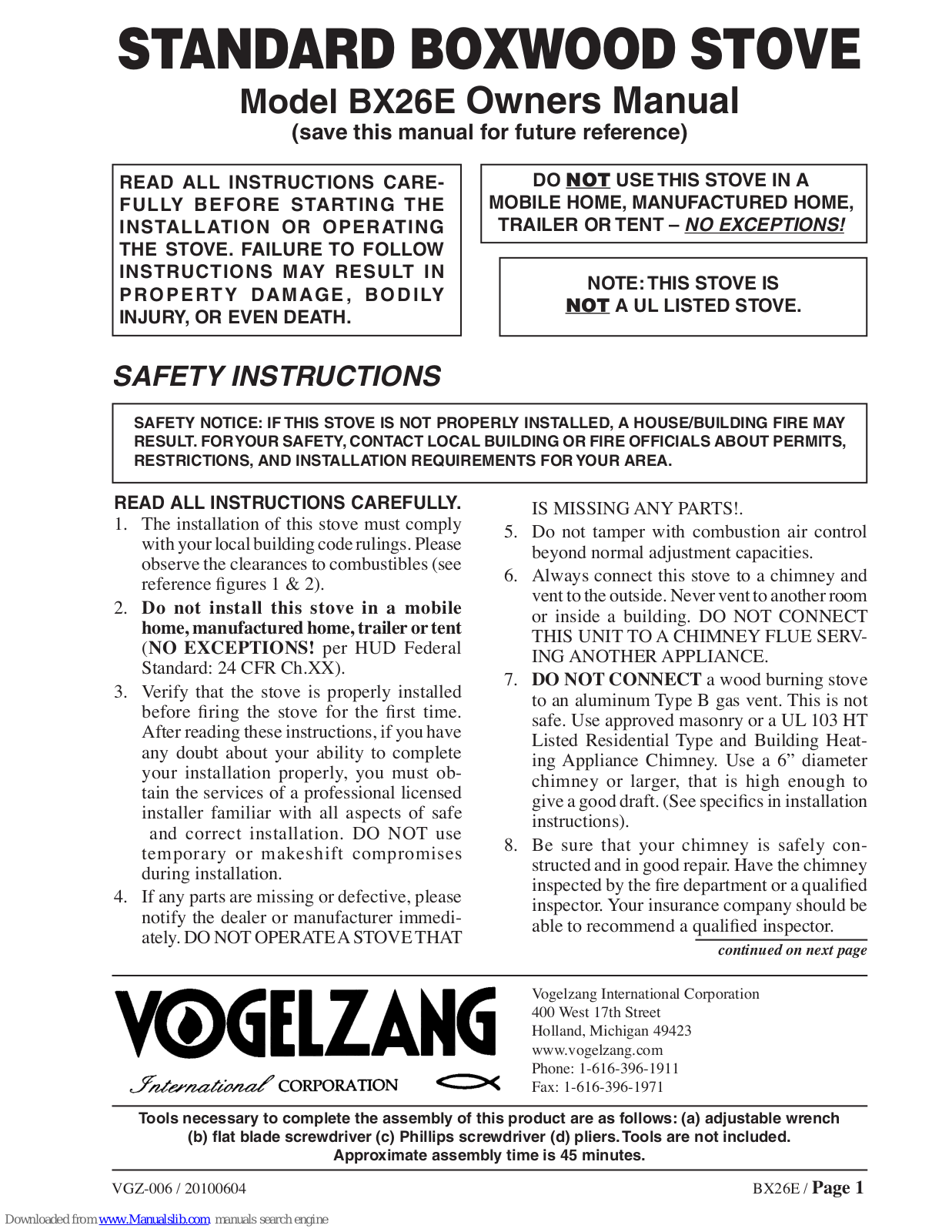 Vogelzang International BX26E Owner's Manual