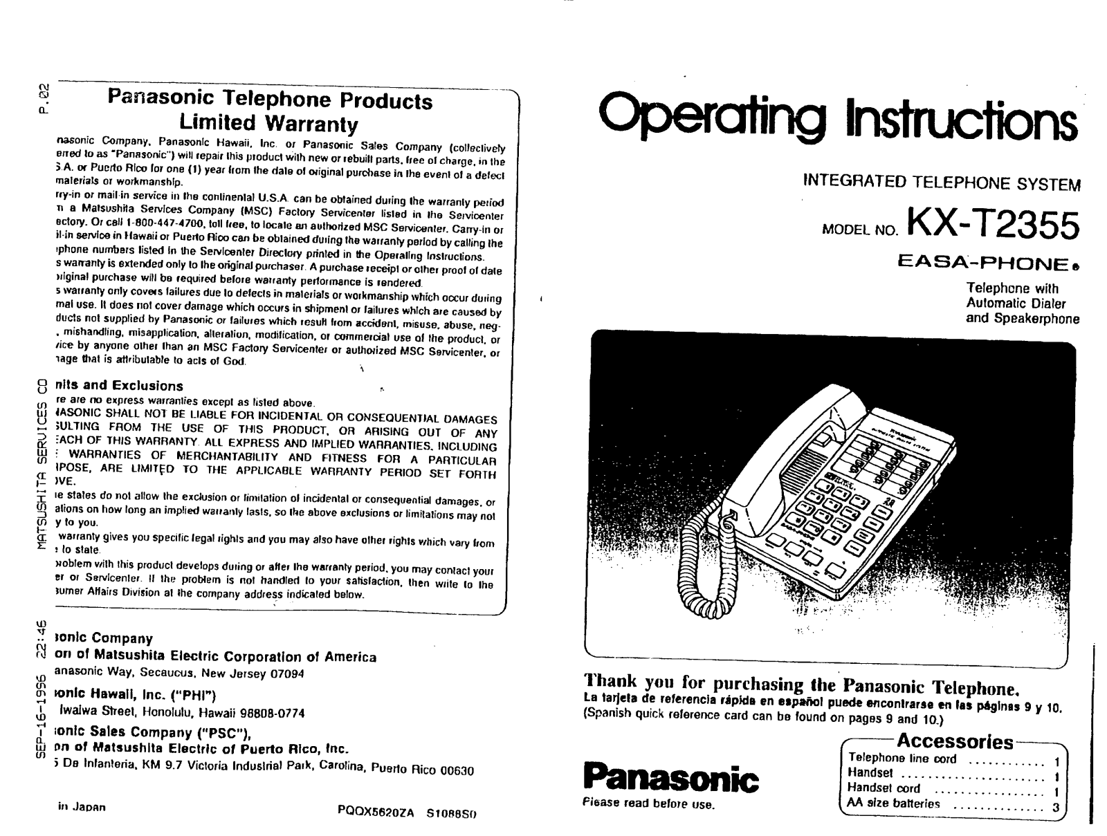 Panasonic kx-t2355 Operation Manual