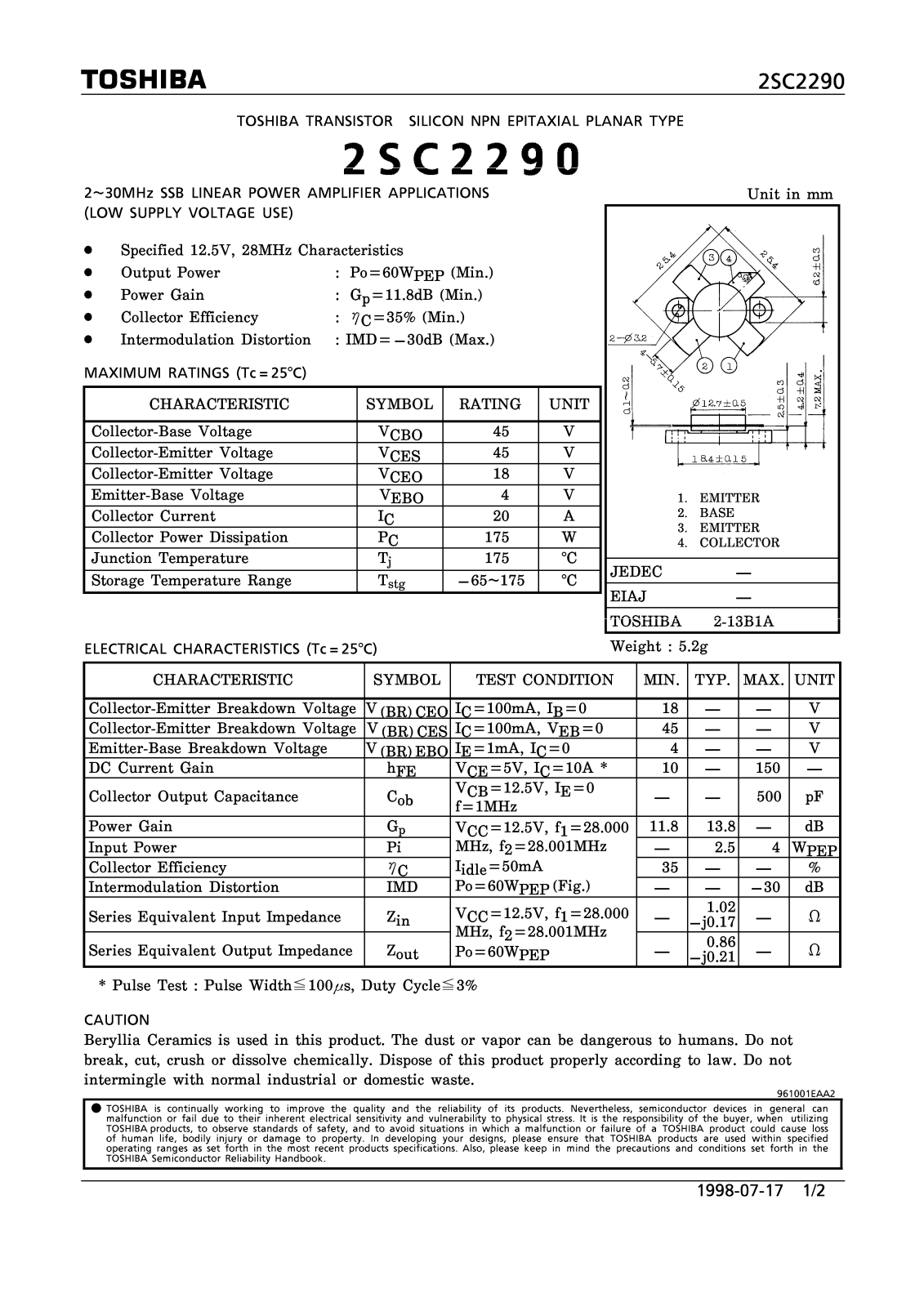 Toshiba 2SC2290 Datasheet