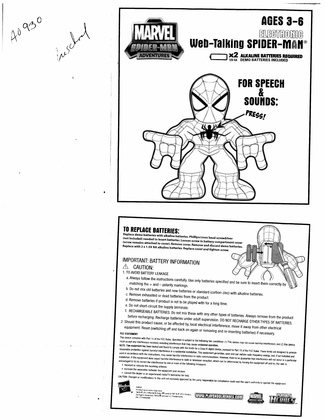 HASBRO Marvel Electronic Web Talking Spider Man User Manual