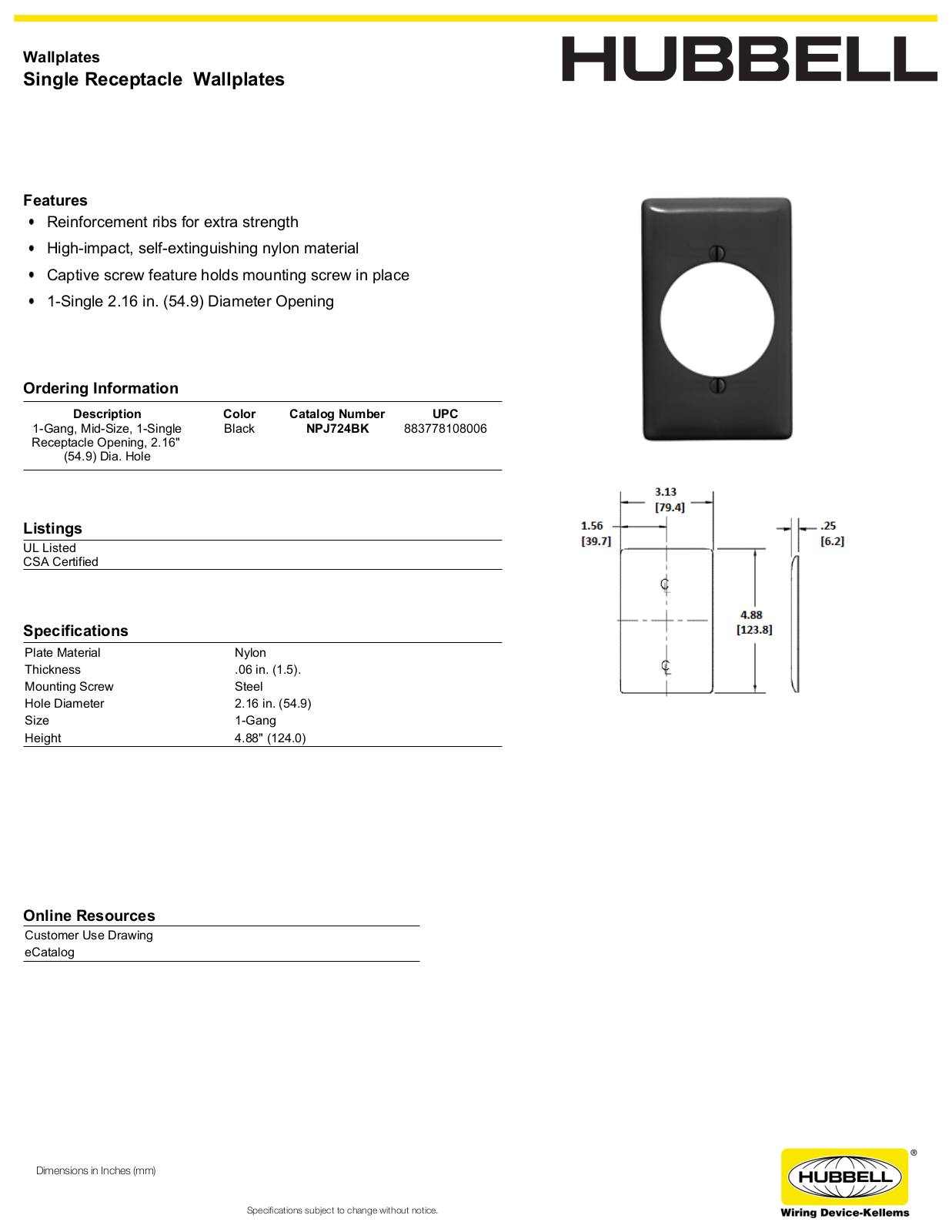 Hubbell NPJ724BK Specifications