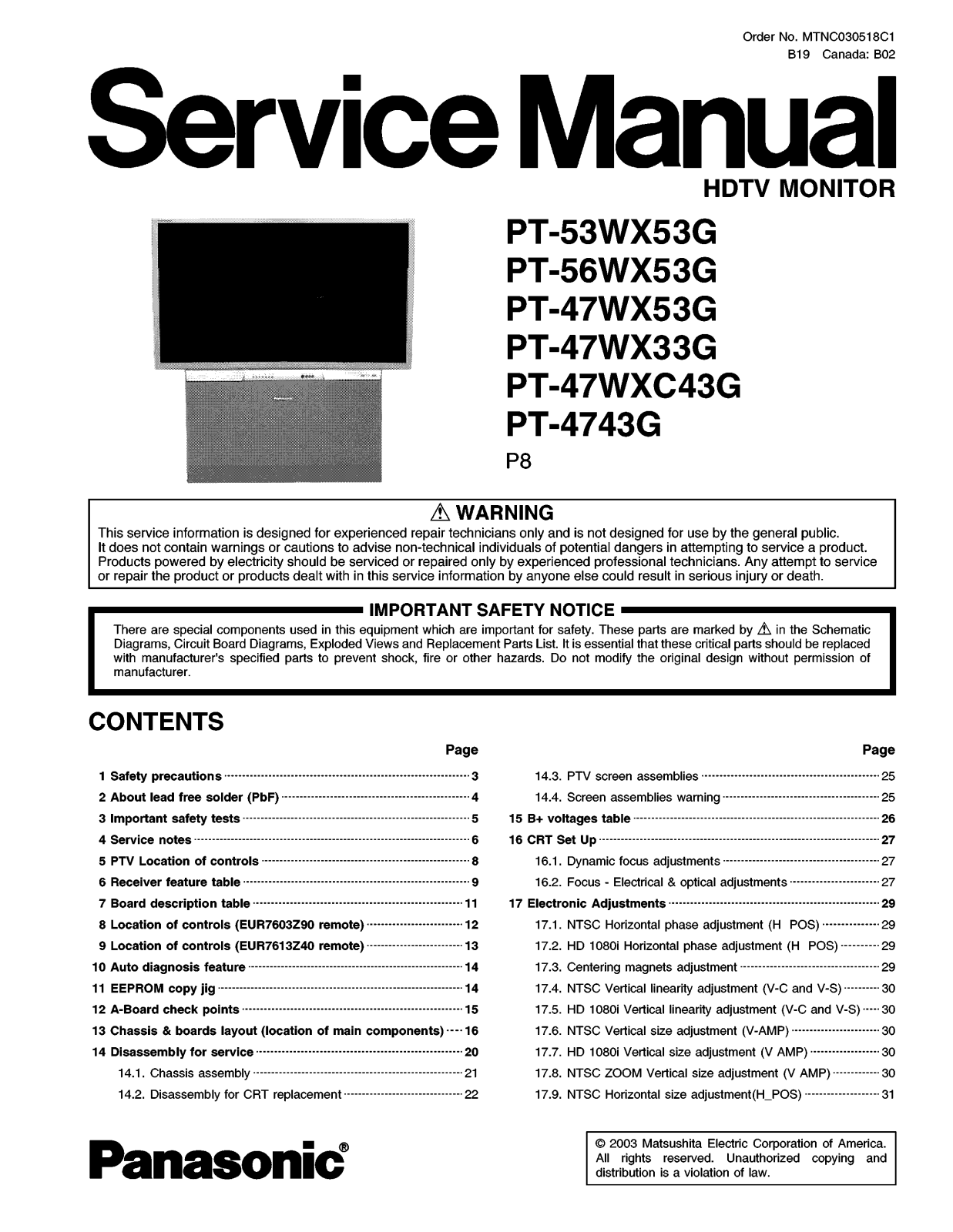 Panasonic PT-53WX53G, PT-56WX53G, PT-47WX53G, PT-47WX33G Service Manual