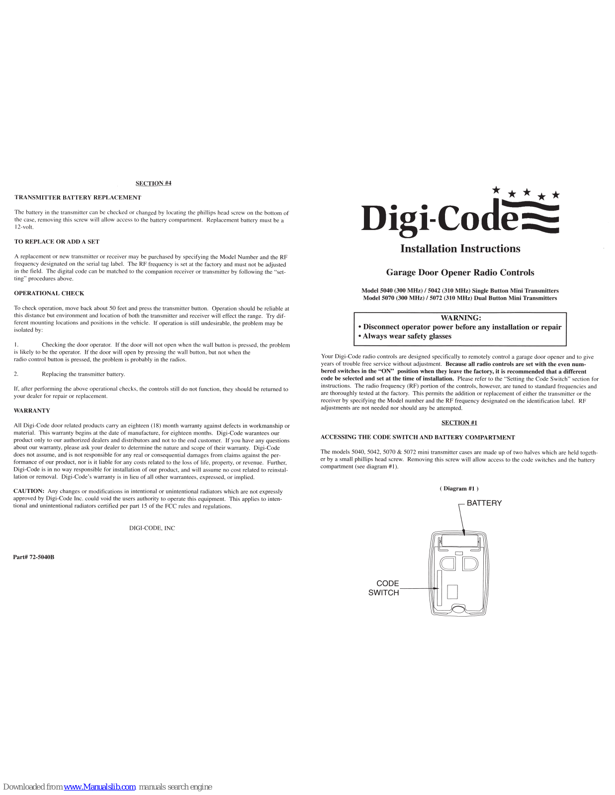 Digi-Code 5040, 5042, 5070, 5072 Installation Instructions Manual