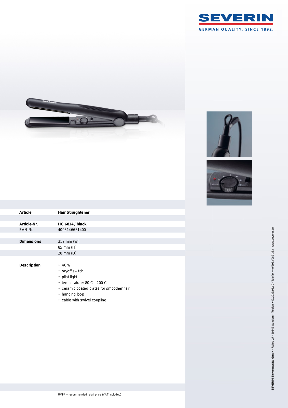 Severin HC 6814, HAIR STRAIGHTENER User Manual