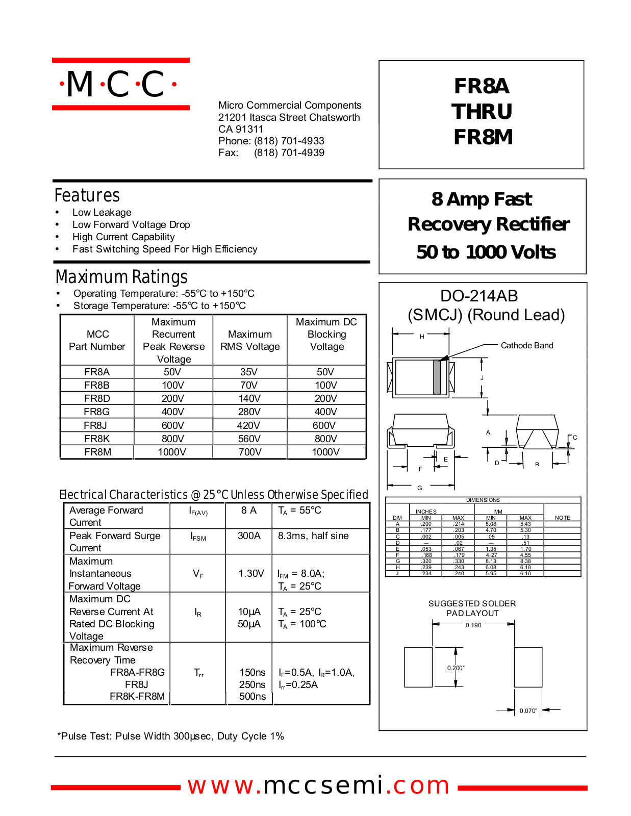 MCC FR8M, FR8K, FR8J, FR8G, FR8D Datasheet