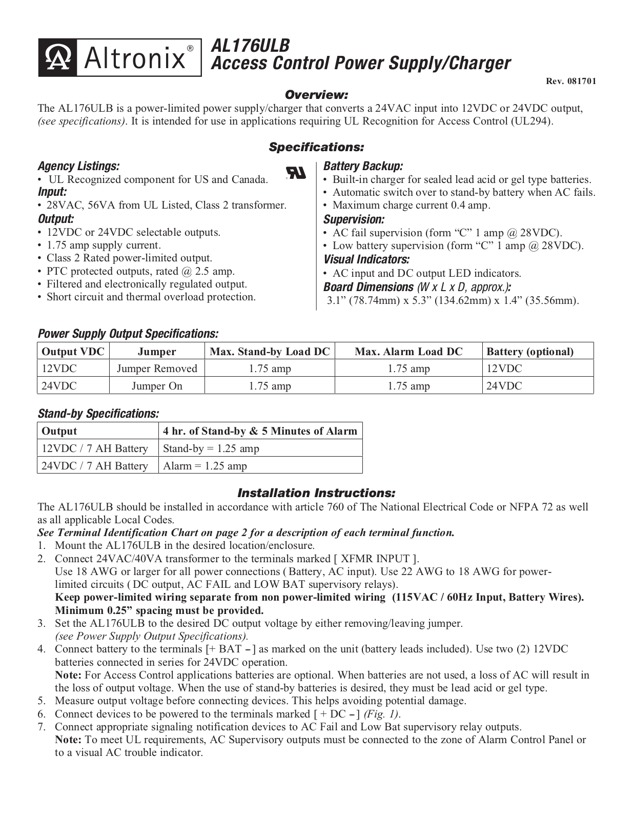 Altronix AL176ULB Installation Manual