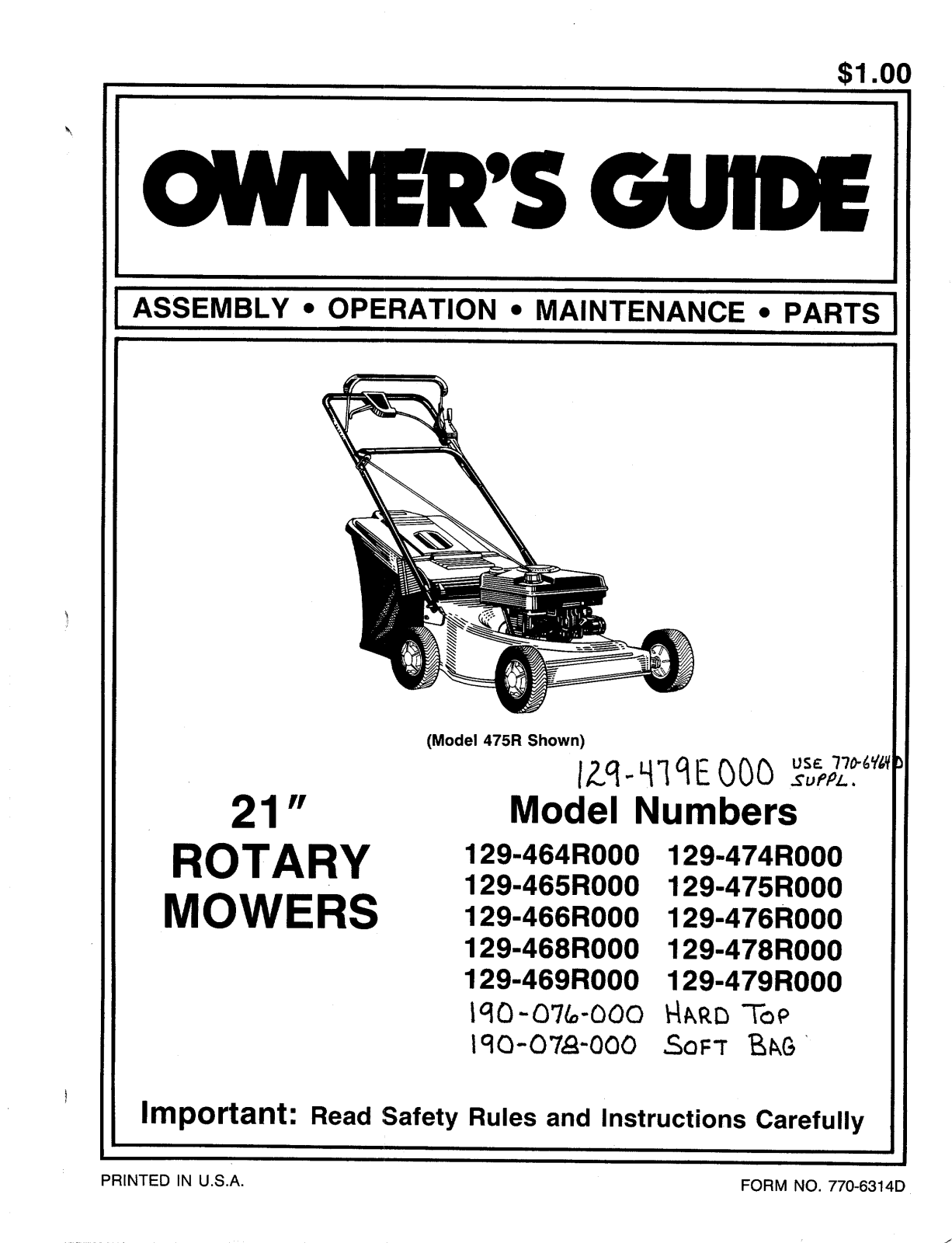 MTD 129-474R000, 129-468R000, 129-466R000, 129-464R000, 129-469R000 User Manual