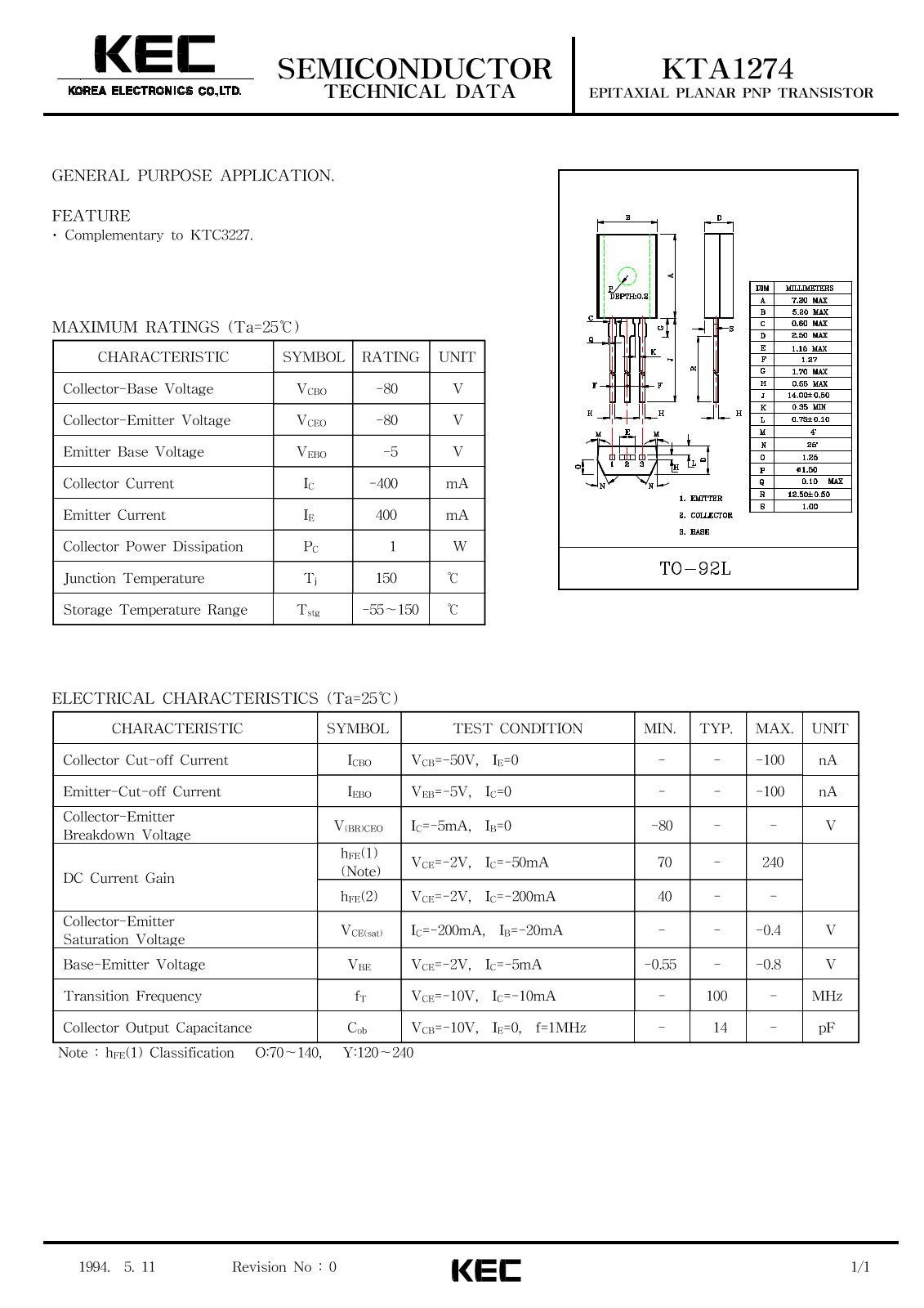 KEC KTA1274 Datasheet