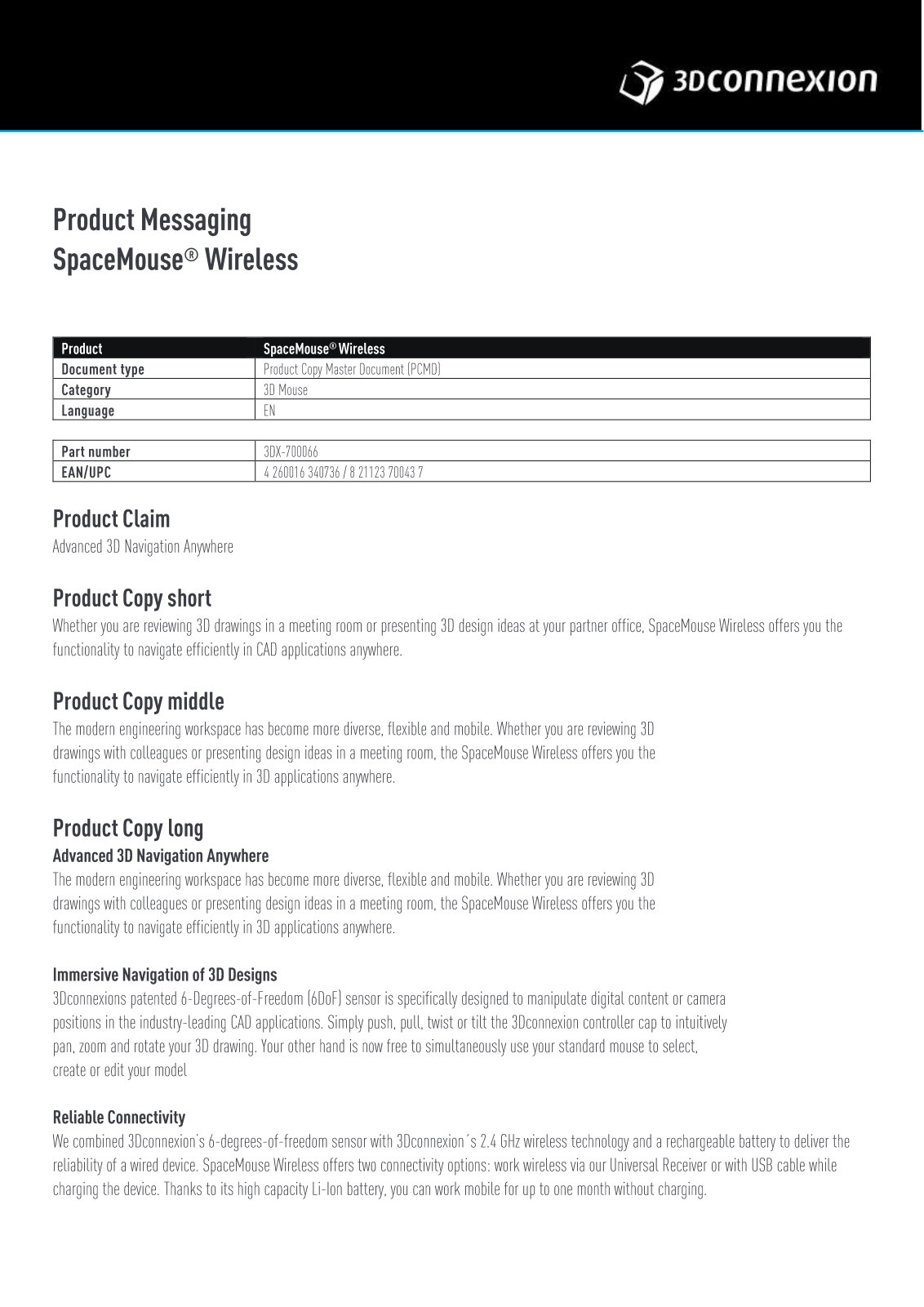 3Dconnexion 3DX-700066 Product Data Sheet