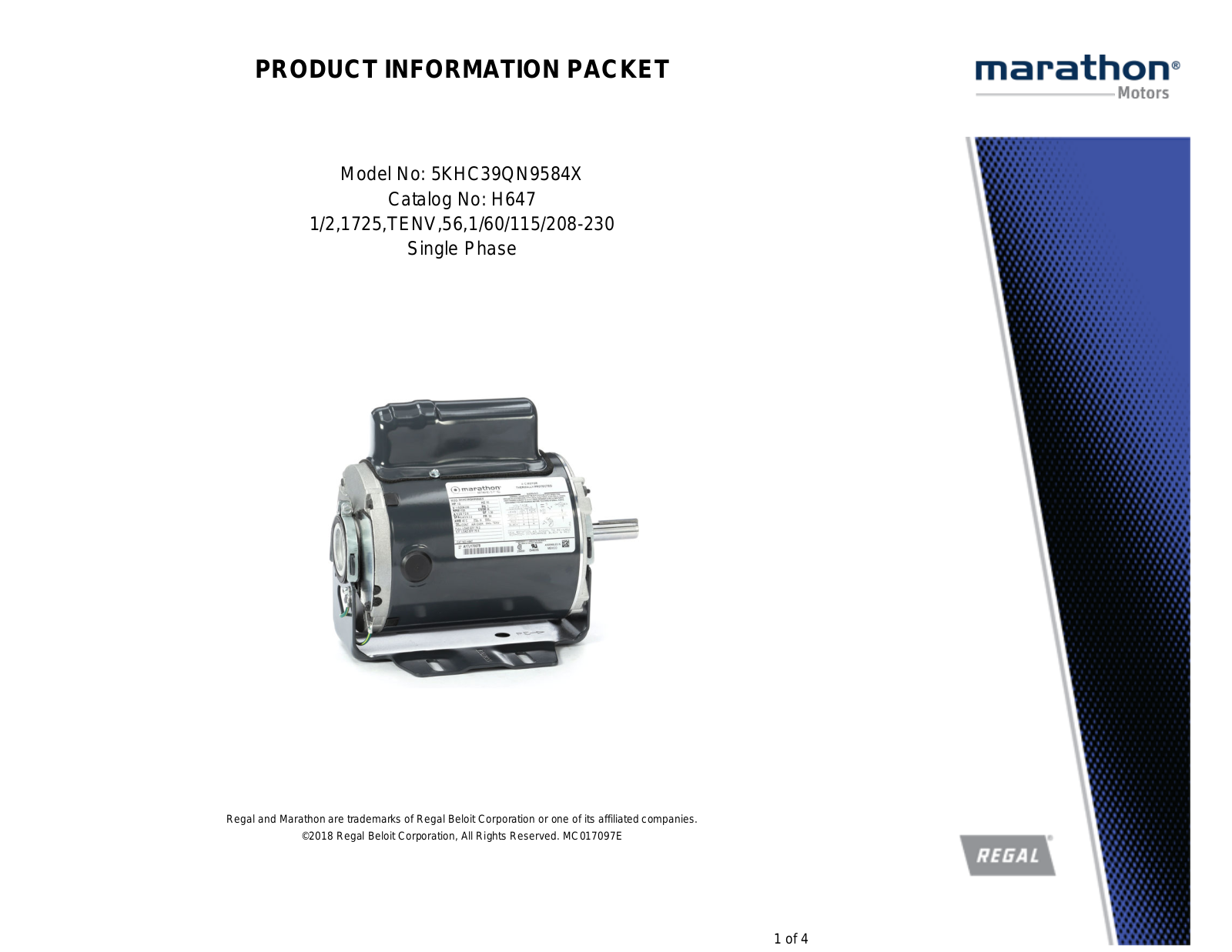 Marathon Electric 5KHC39QN9584X Product Information Packet