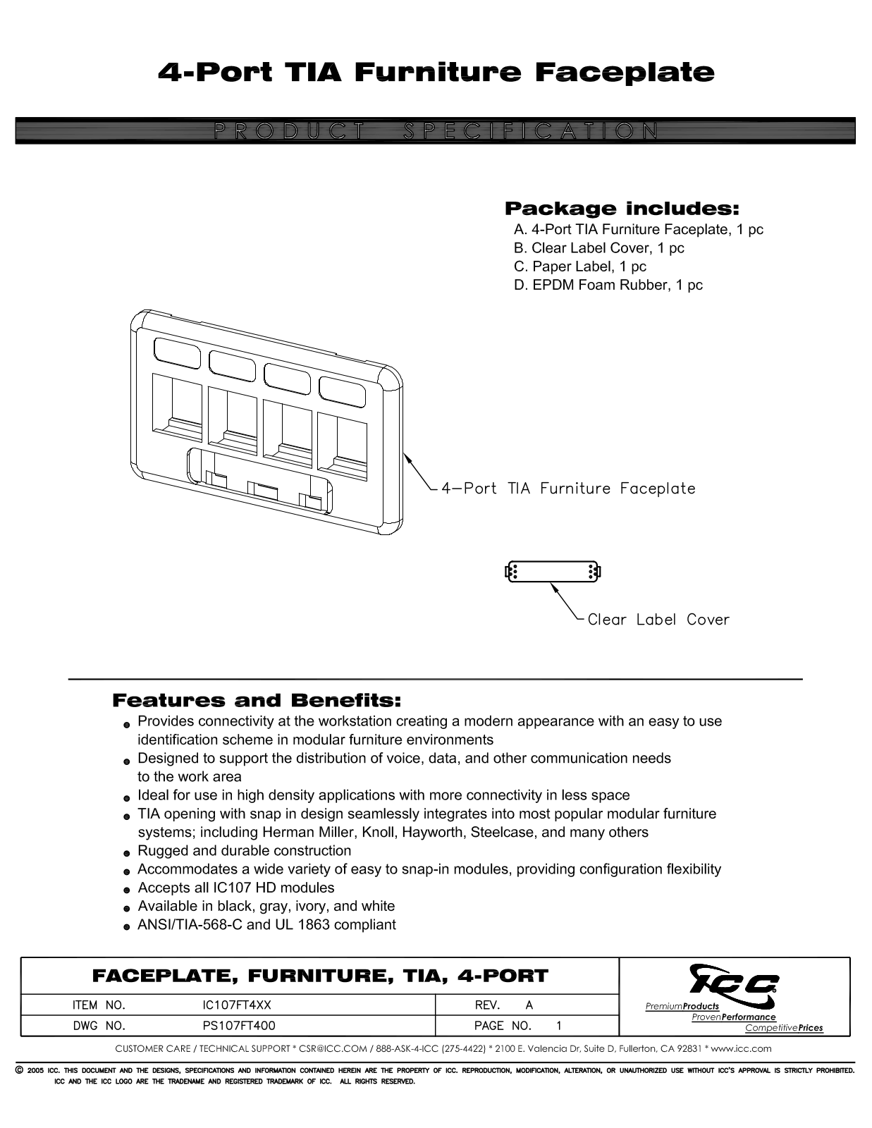 ICC IC107FT4BK, IC107FT4GY, IC107FT4IV, IC107FT4WH Specsheet