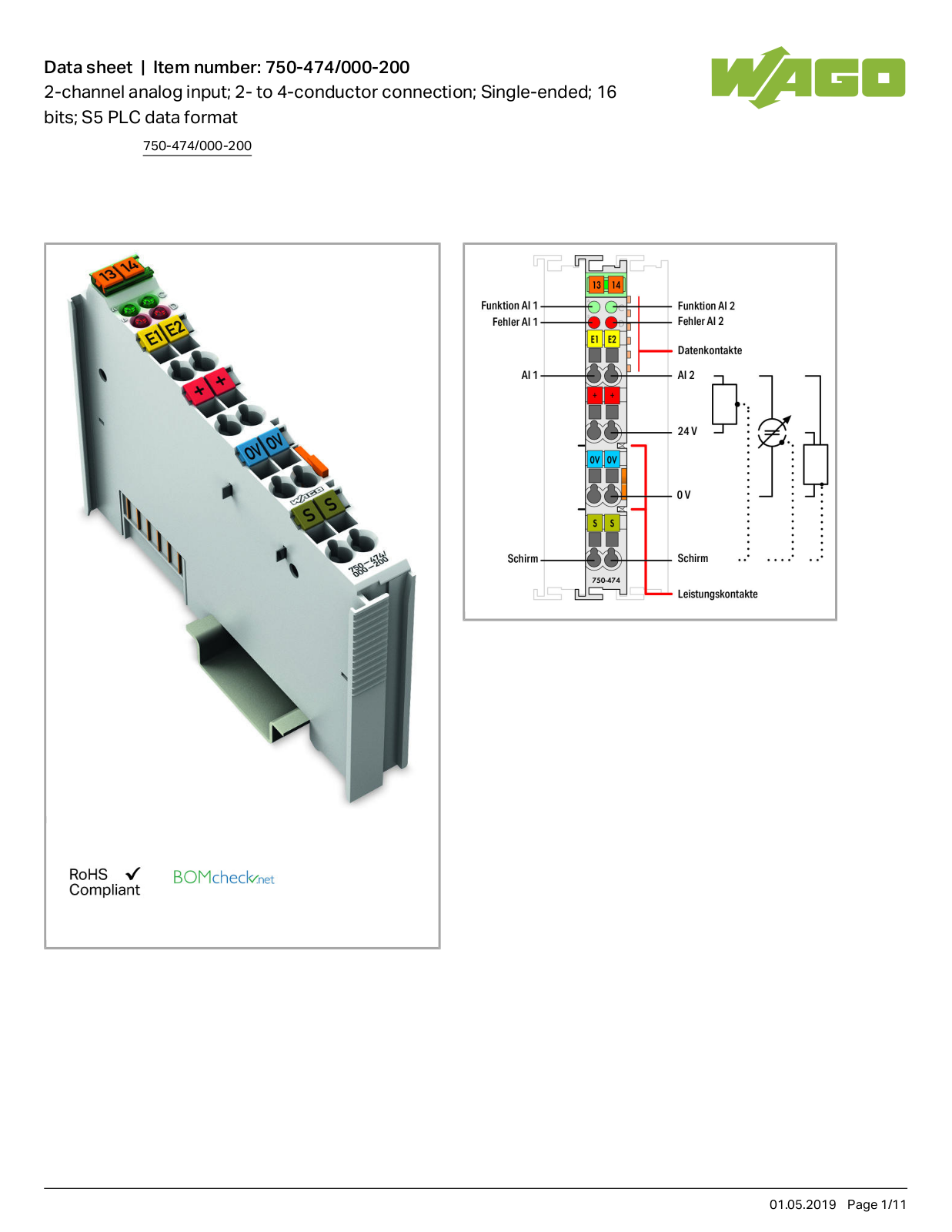 Wago 750-474/000-200 Data Sheet