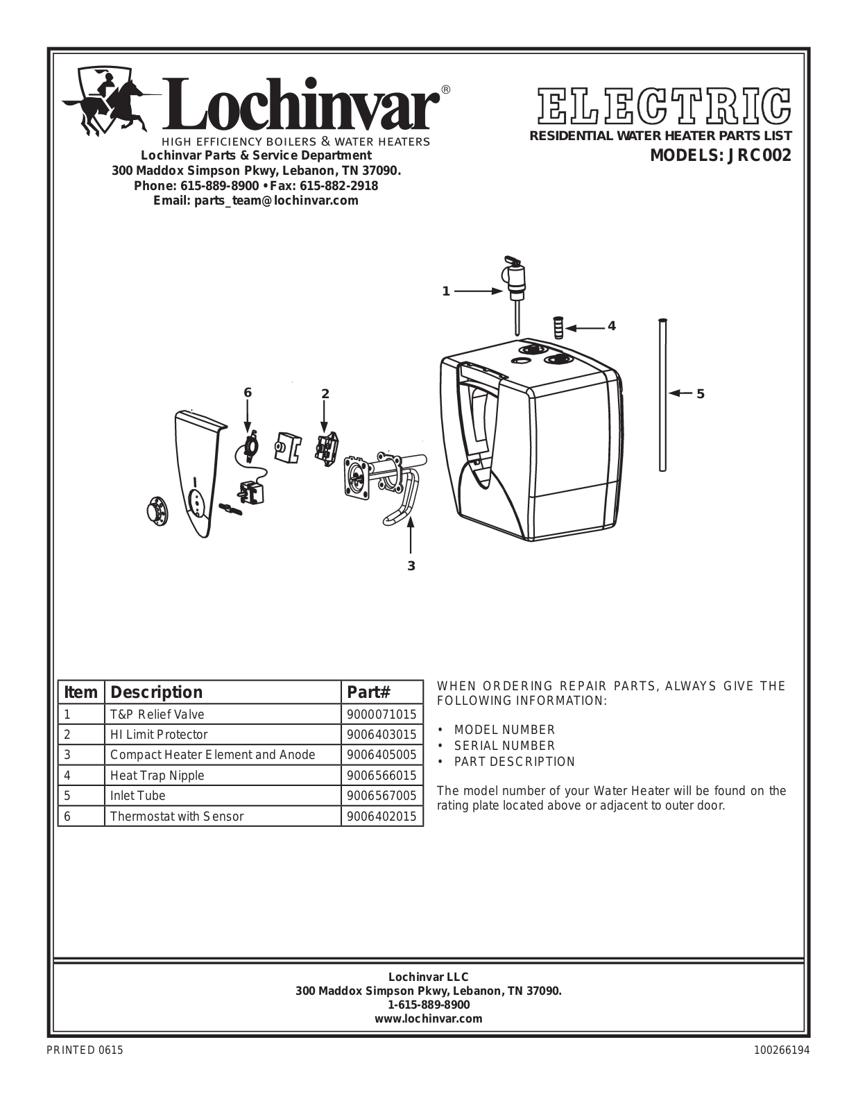 Lochinvar JRC002 Parts List