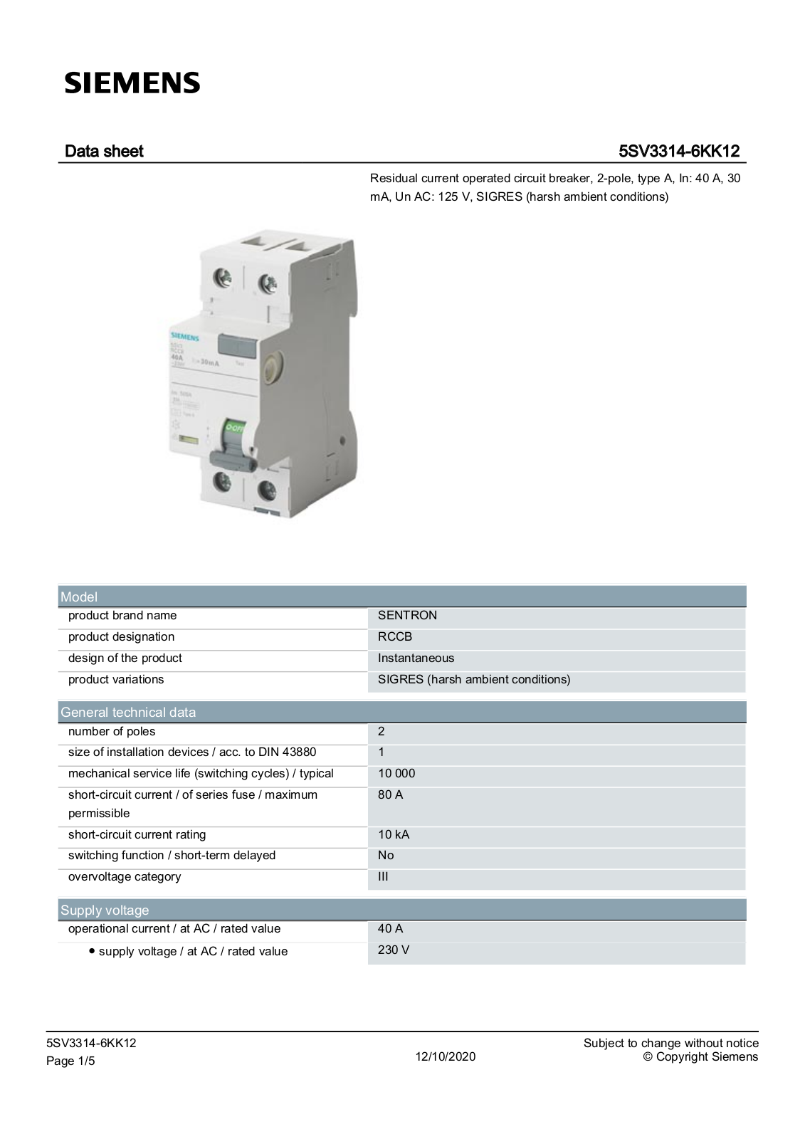 Siemens 5SV3314-6KK12 Datenblatt