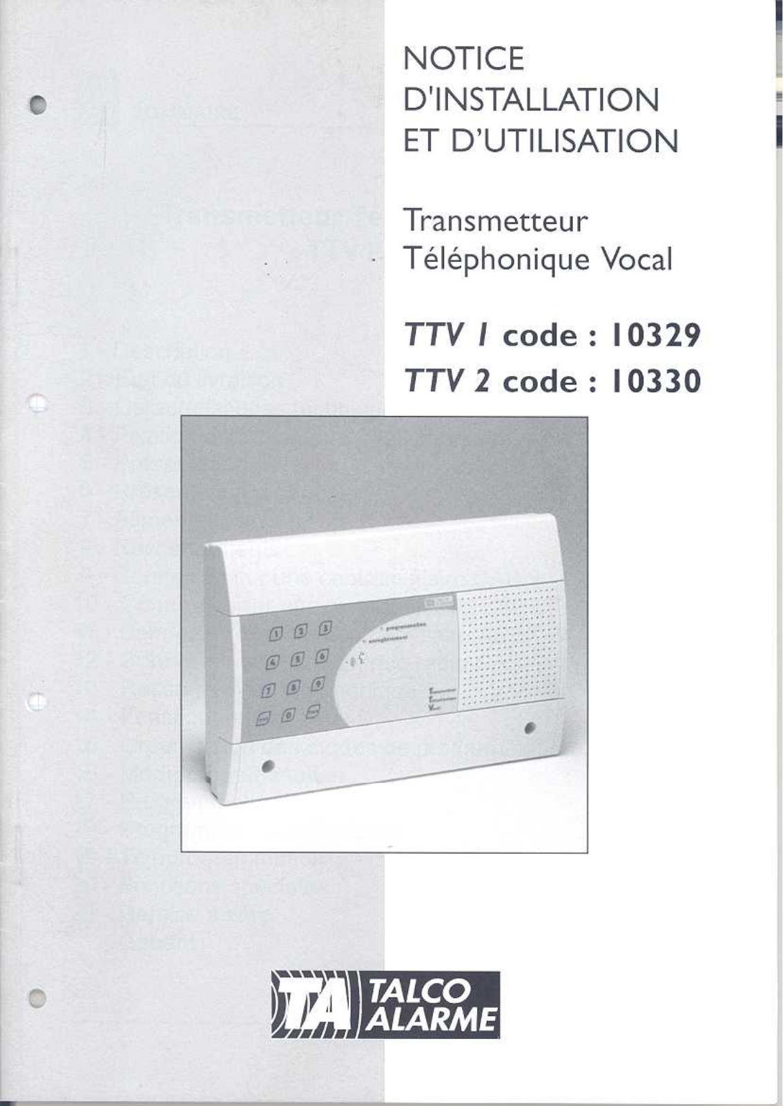 TALCO ALARME TTV1 10329, TTV2 10330 User Manual