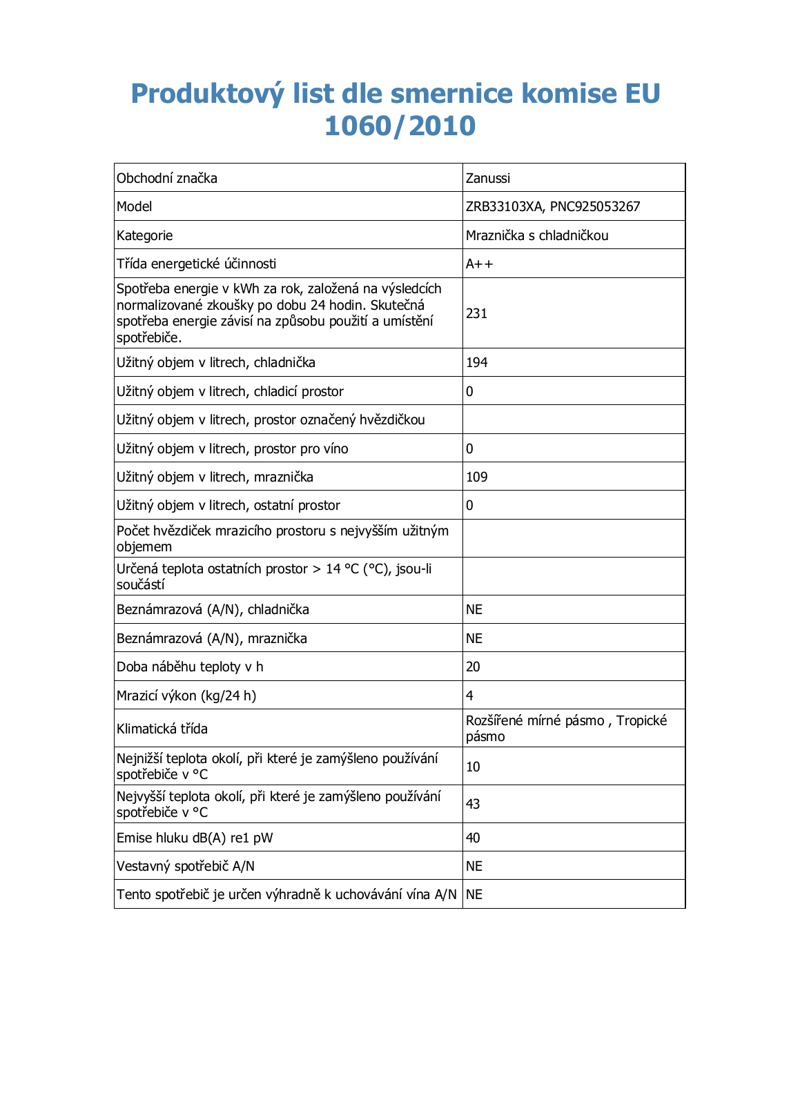 Zanussi ZRB33103XA User Manual