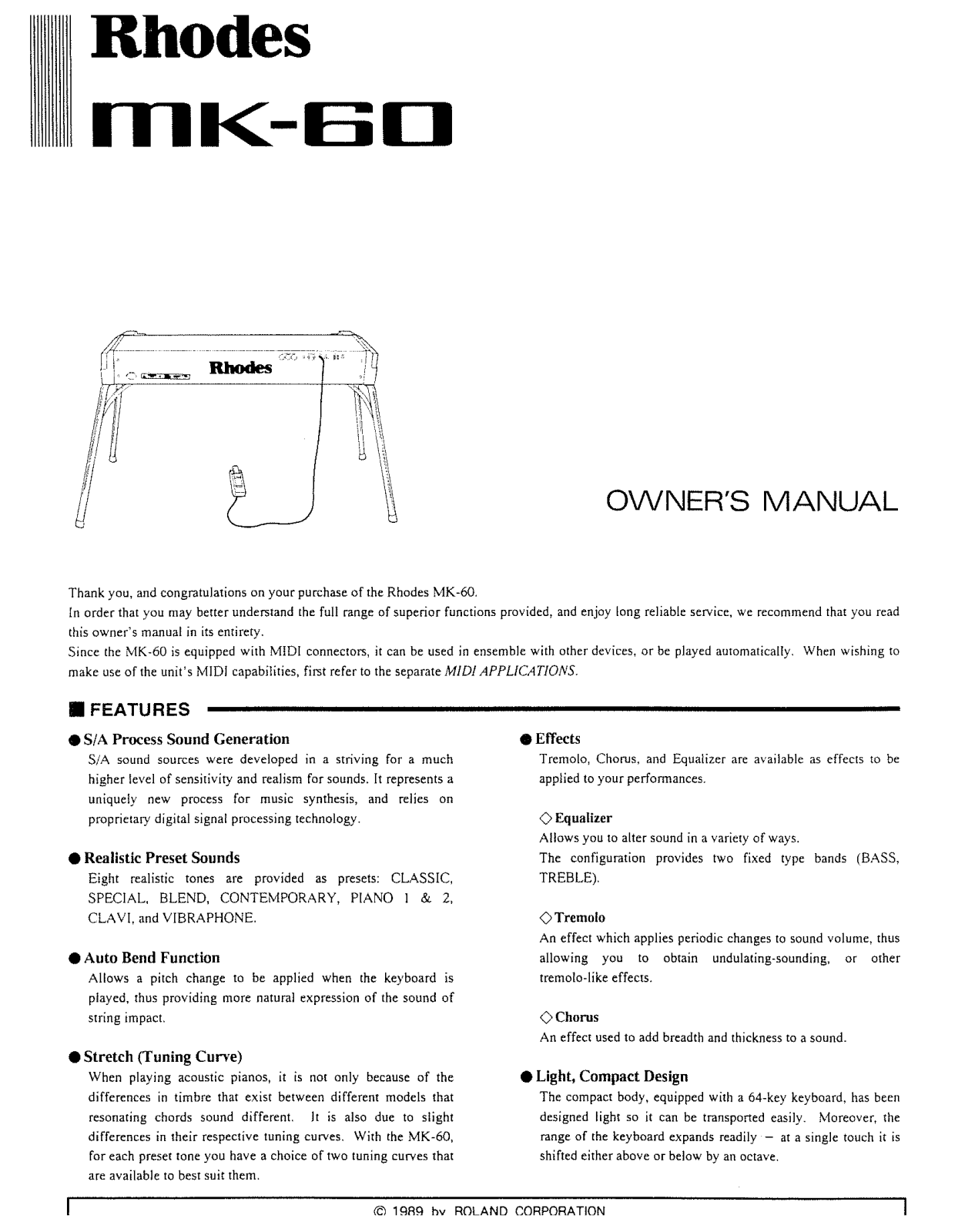 Roland Corporation MK-60 Owner's Manual