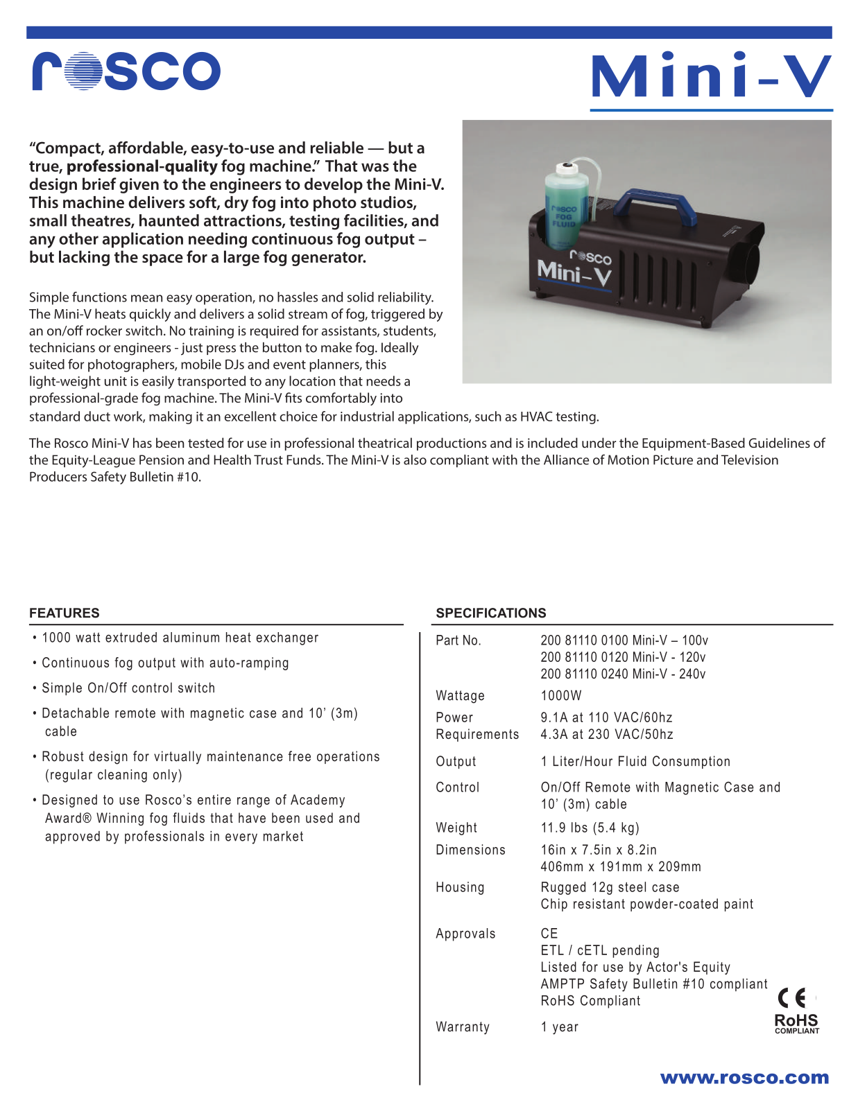 Rosco Mini-V Data Sheet