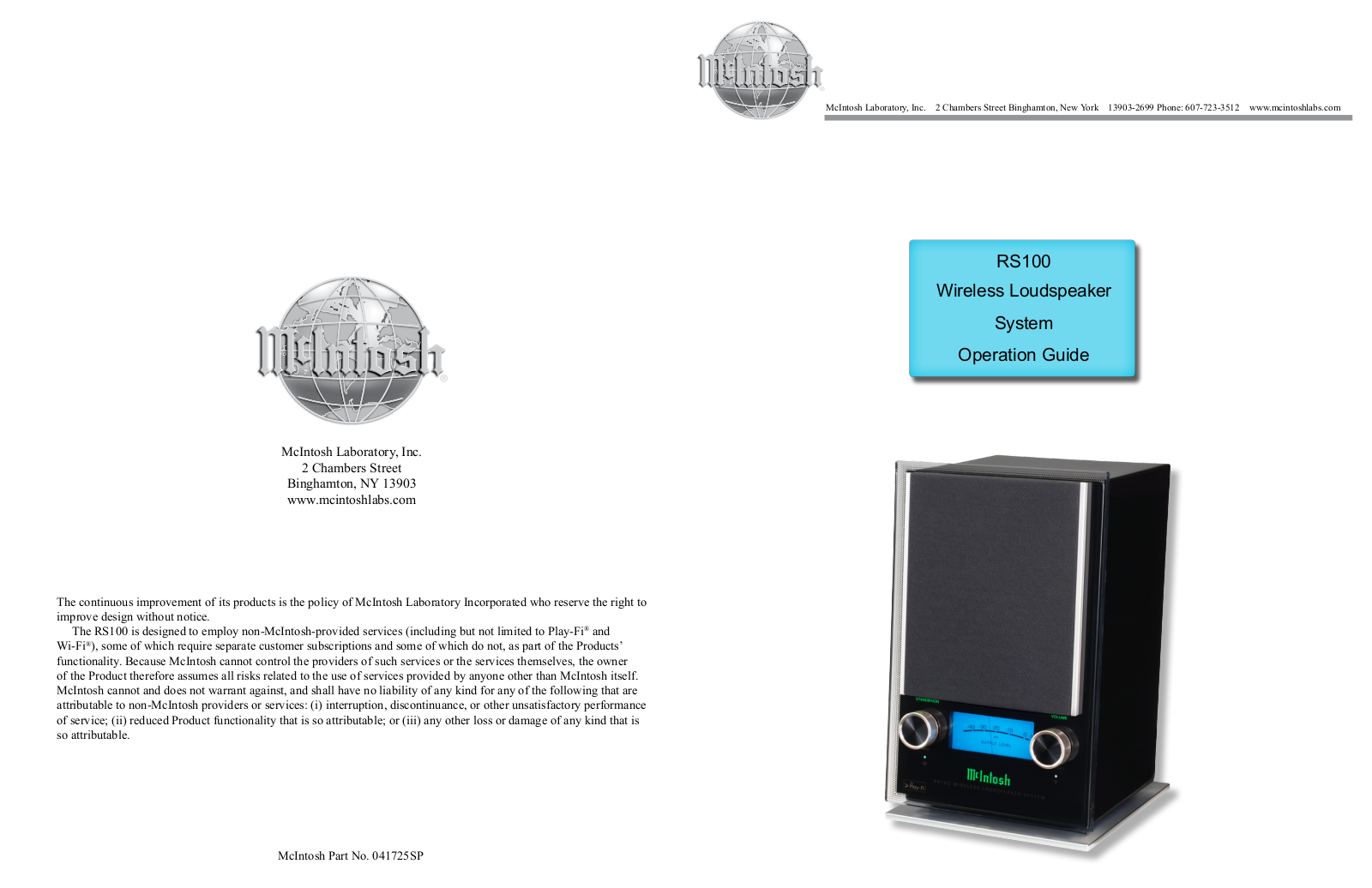 McIntosh RS100 Owner's Manual