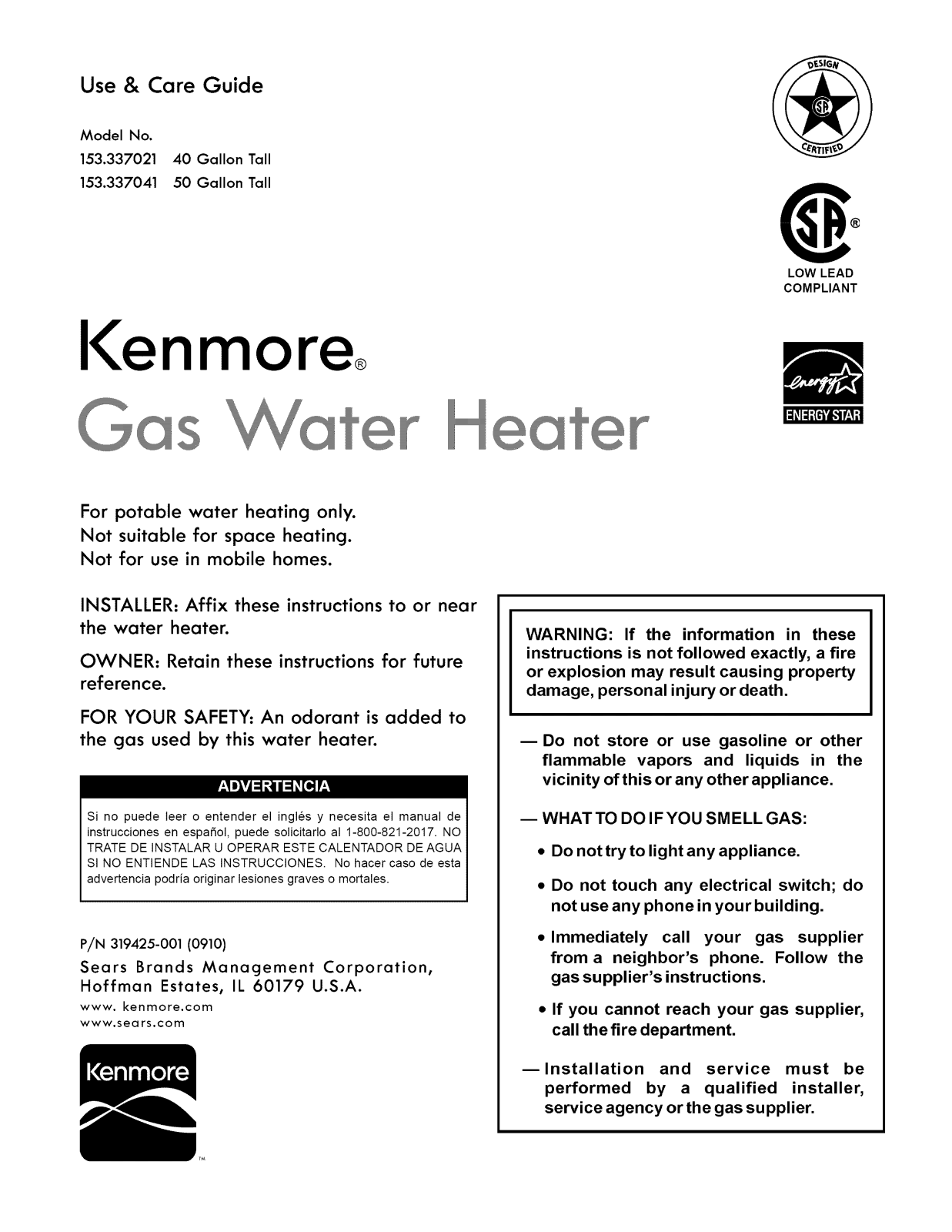 Kenmore 153337041 Owner’s Manual