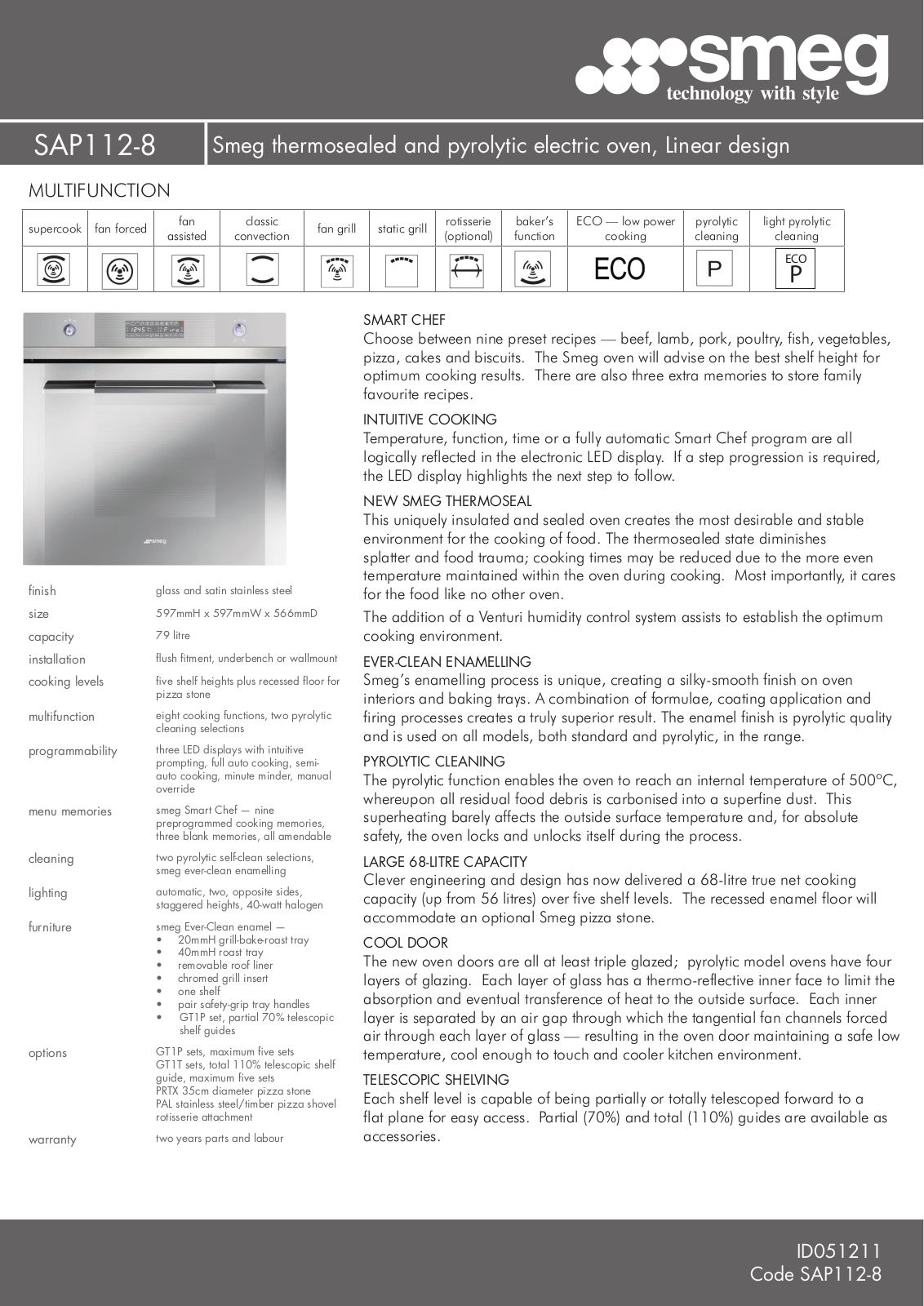 Smeg SAP1128 Specifications Sheet