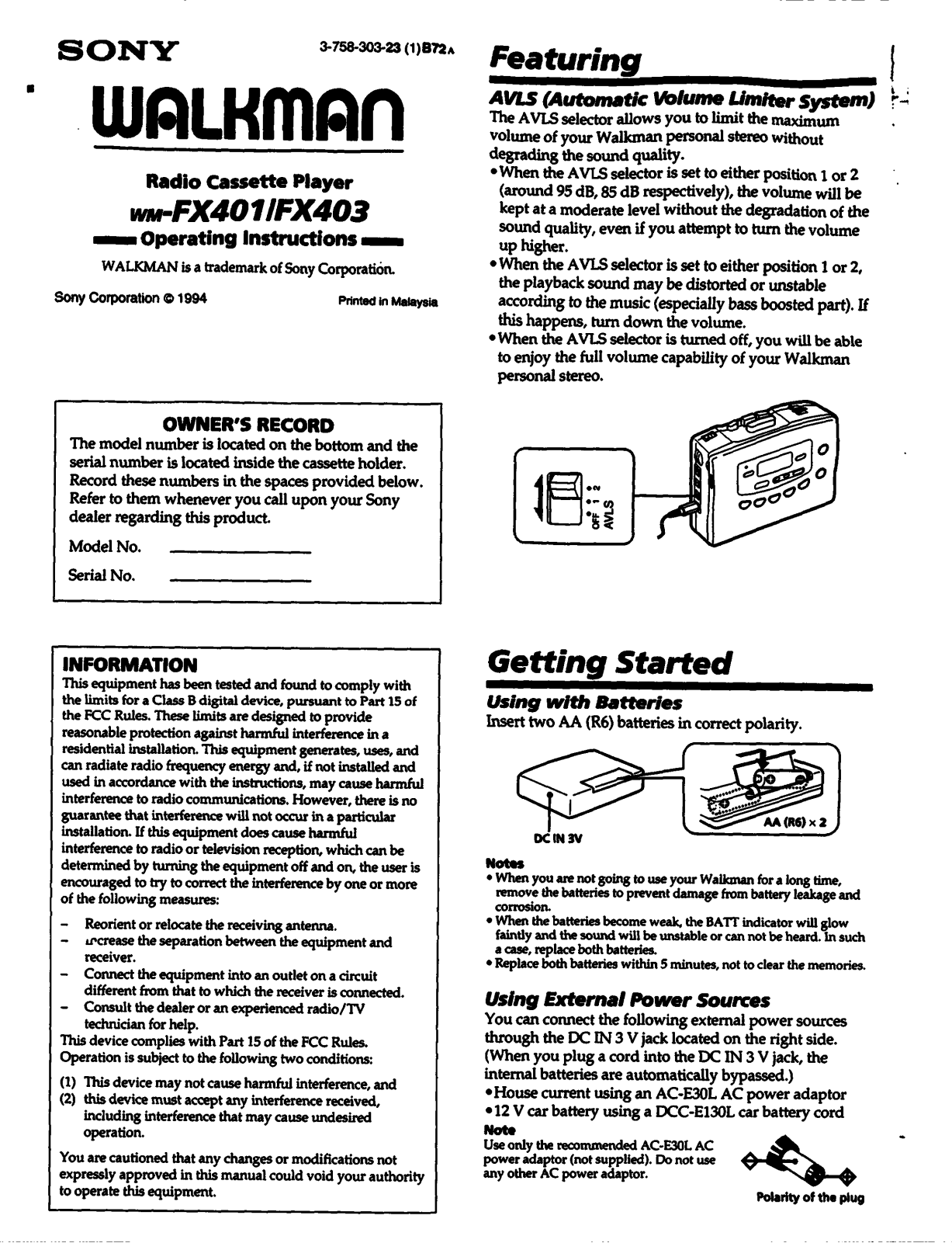 Sony WM-FX401 User Manual