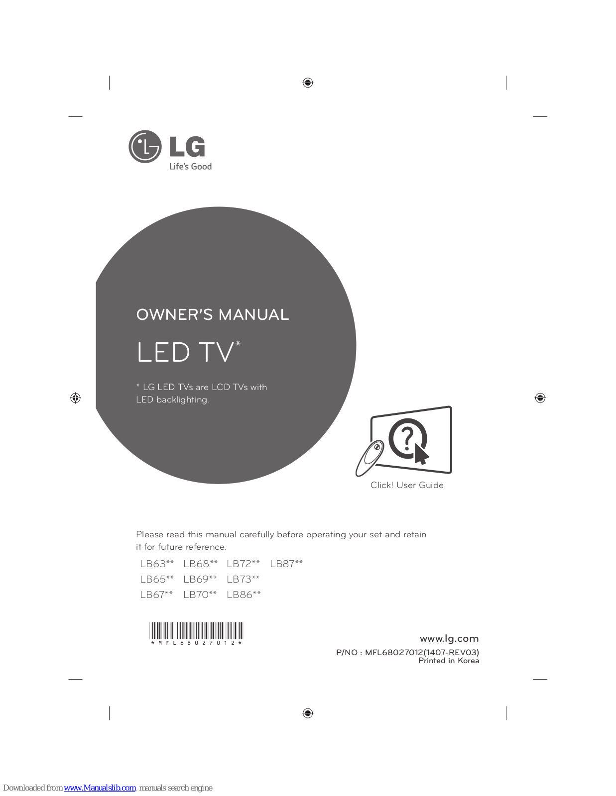 LG LB63 Series, LB69 Series, LB73 Series, LB68 Series, LB67 Series Owner's Manual