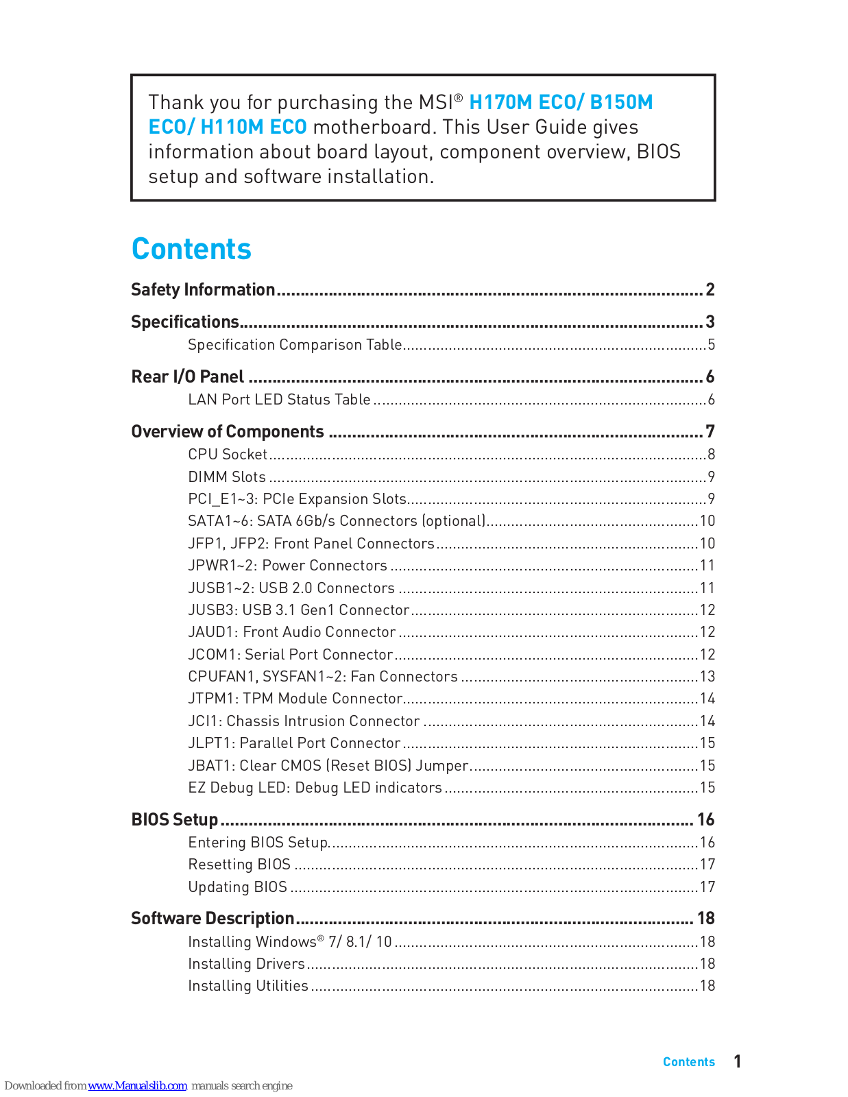 MSI H170M ECO, B150M ECO, H110M ECO, B150M PRO-VHL, H110M PRO-VHL User Manual