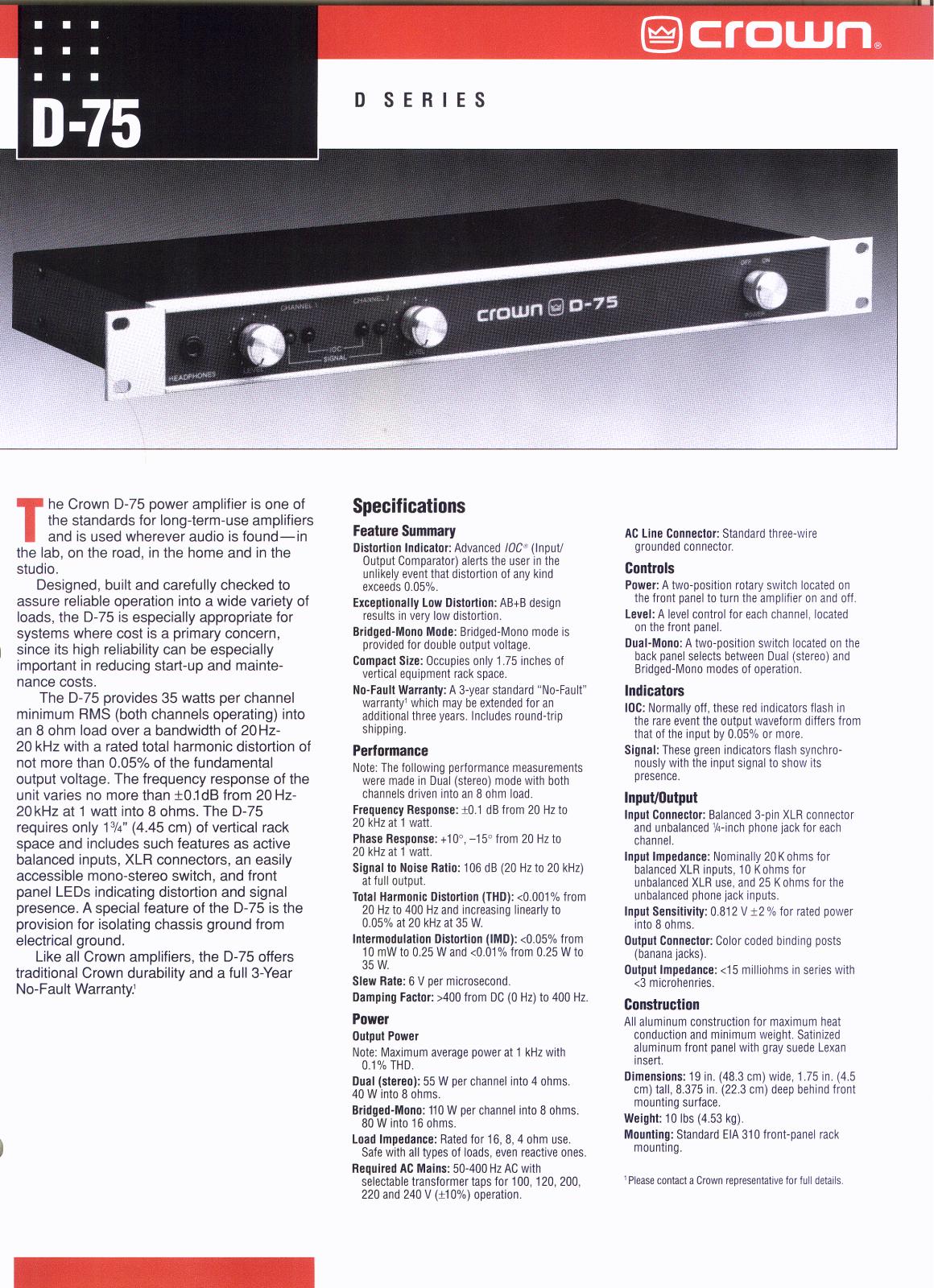 Crown Audio D-75 User Manual