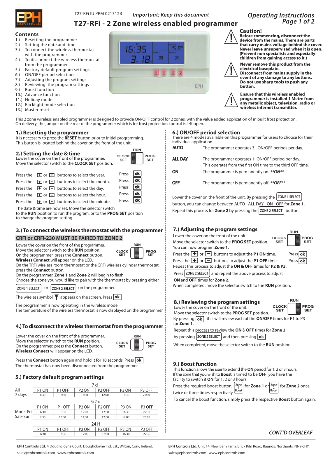 EPH Controls T27-RFi Operating Instructions Manual