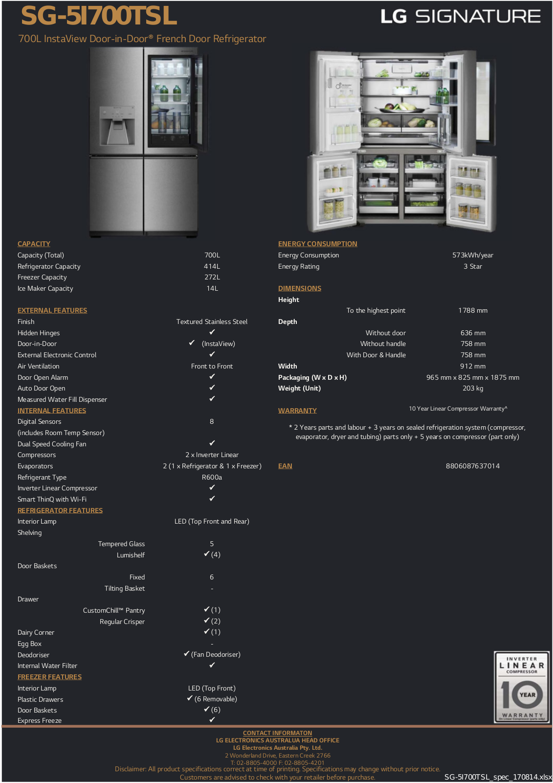 LG SG-5I700TSL Specifications Sheet