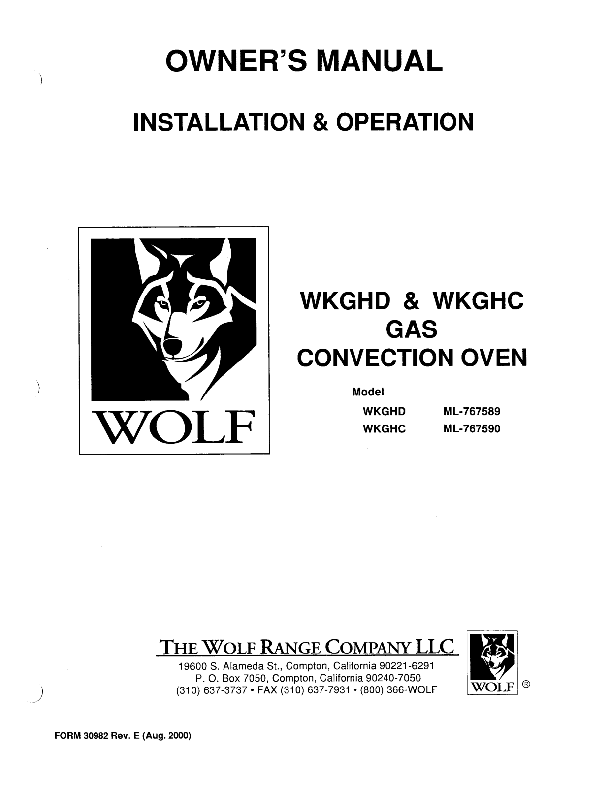 Wolf Range WKGHD General Manual