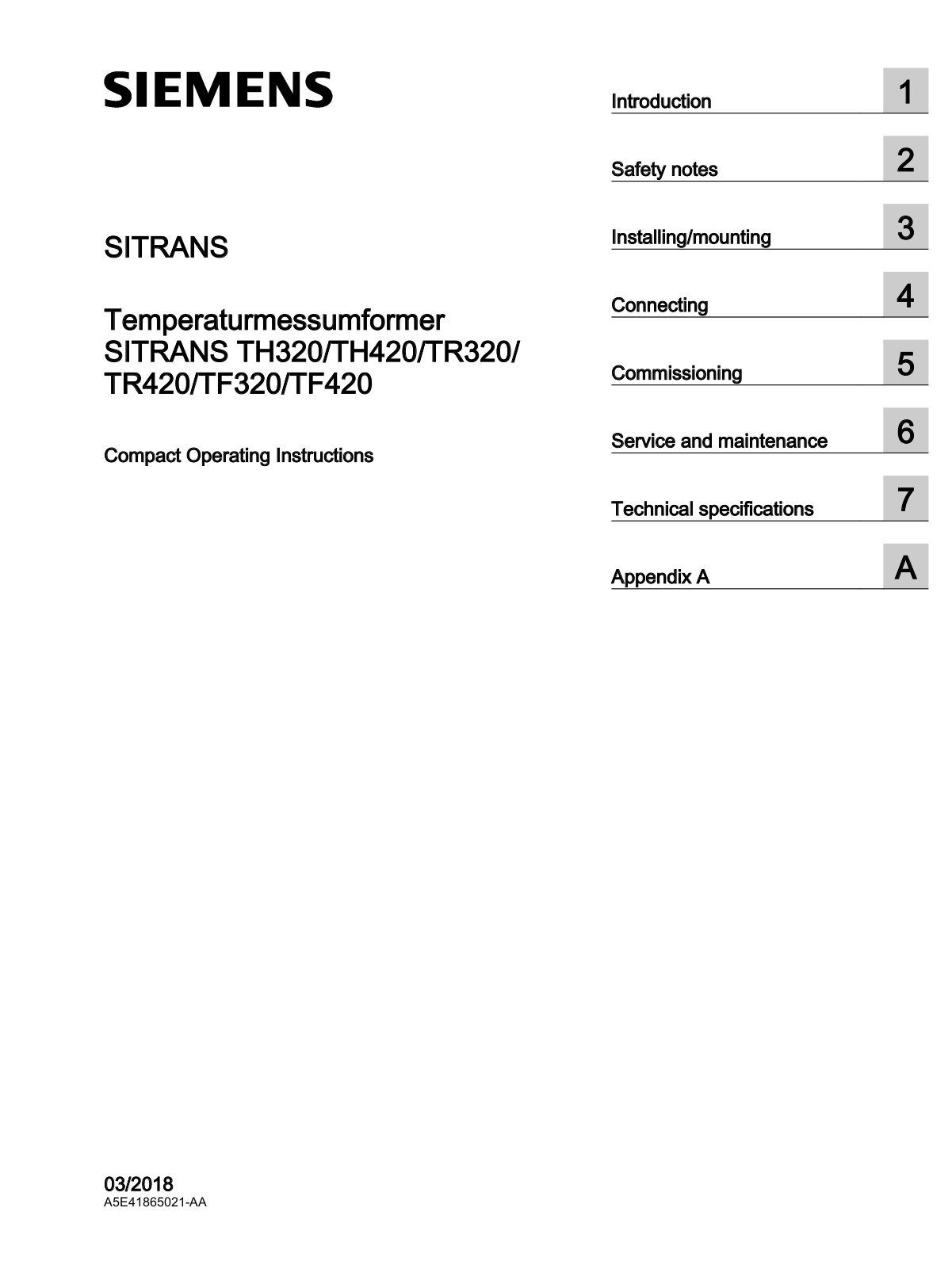 Siemens SITRANS Series, TH320, TR420, TF320, TF420 Compact Operating Instructions