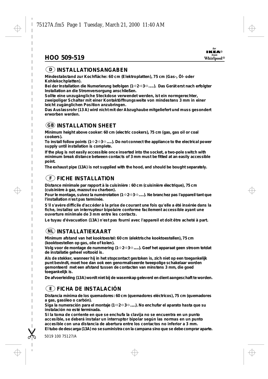 Whirlpool HOO 509 S PROGRAMKORT User Manual