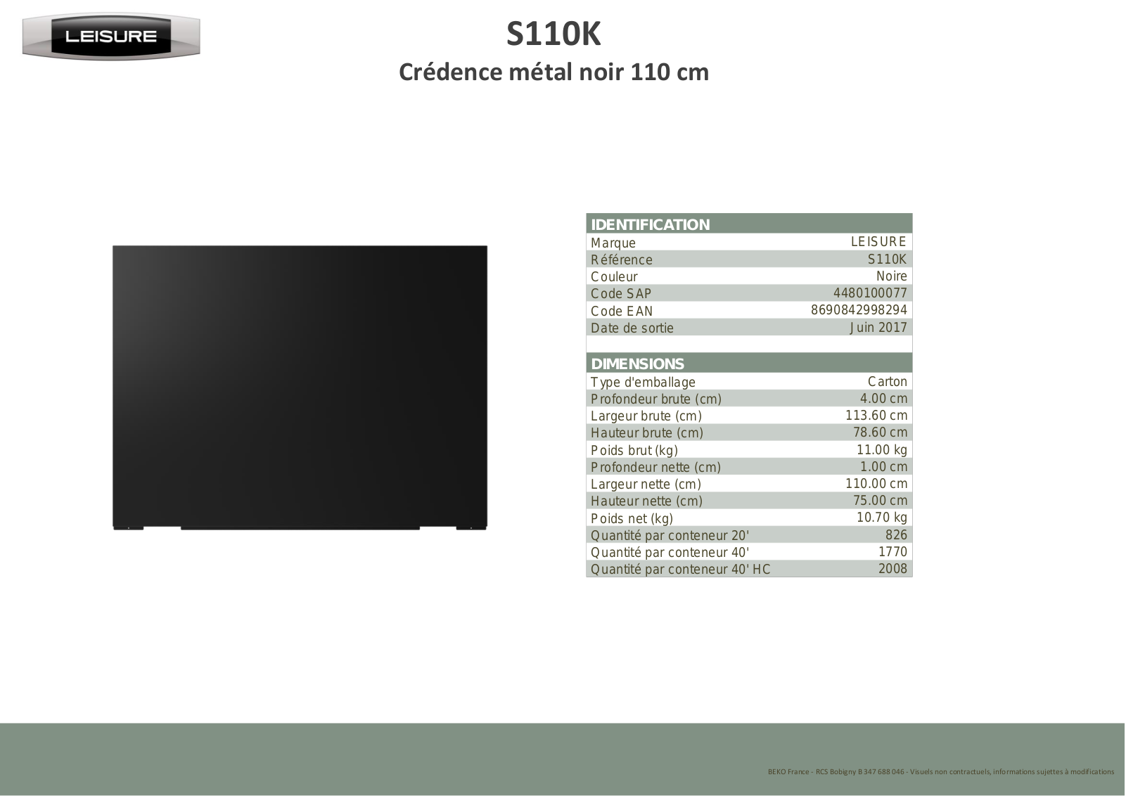 Leisure S110K product sheet