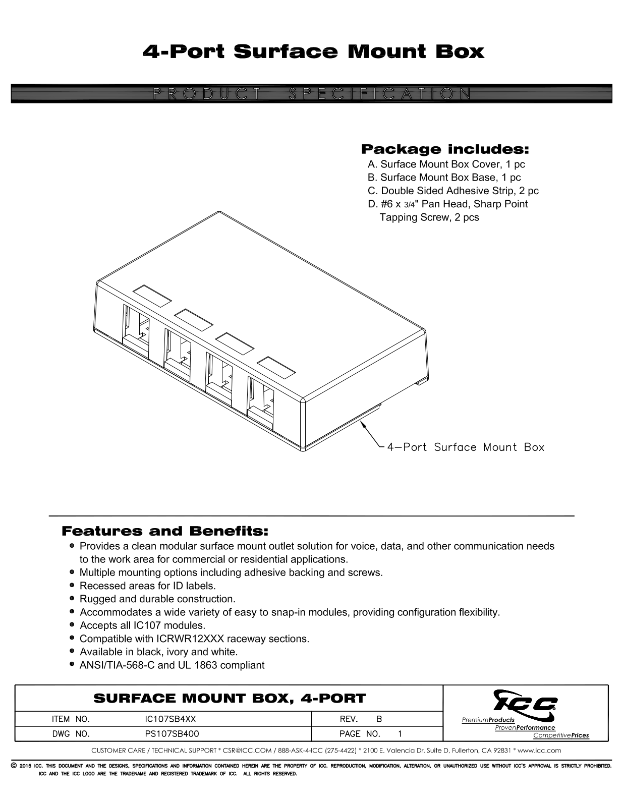 ICC IC107SB4BK, IC107SB4IV, IC107SB4WH Specsheet