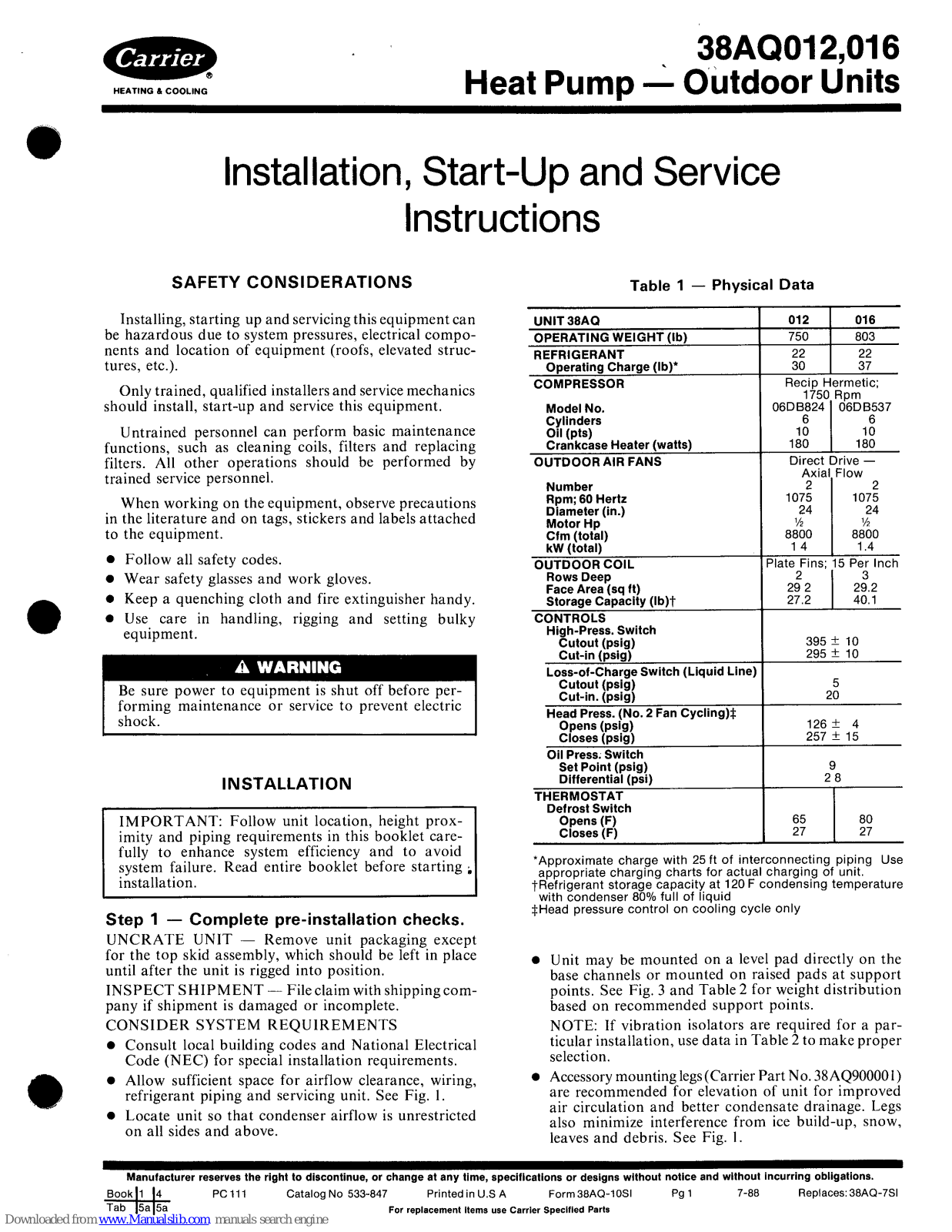 Carrier 38AQ012, 38AQ016 Installation, Start-up And Service Instructions Manual - ManualMachine.com