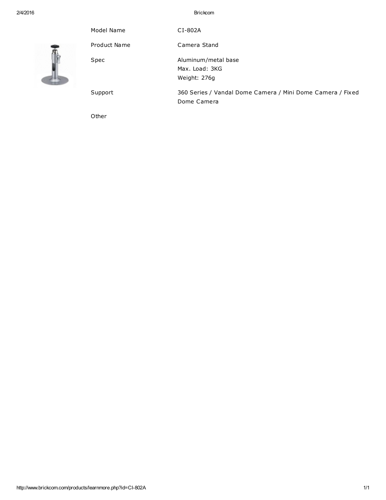 Brickcom CI-802 Specsheet - ManualMachine.com
