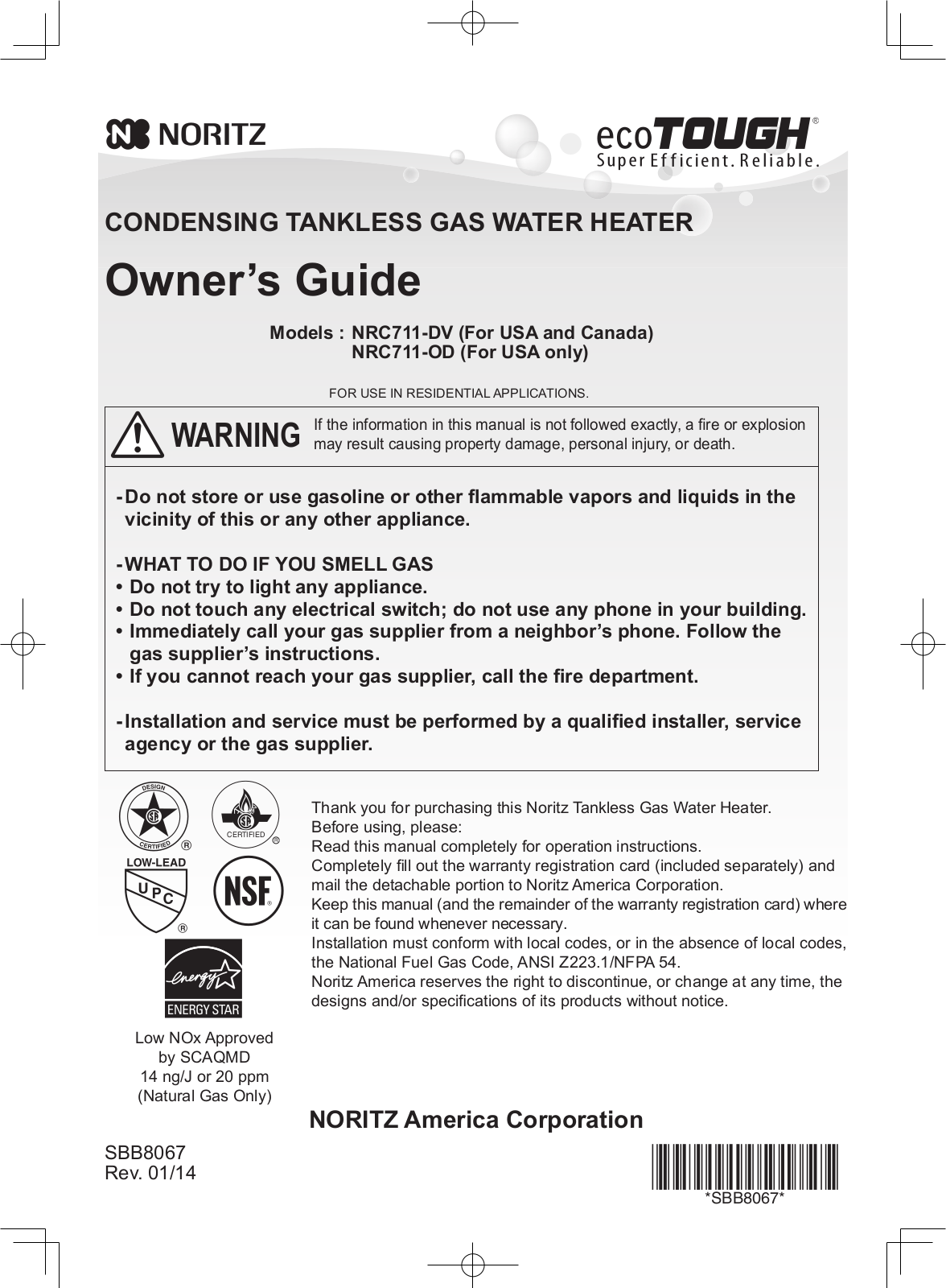 Noritz ecoTOUGH NRC711-DV, ecoTOUGH NRC711-OD Owner's Manual