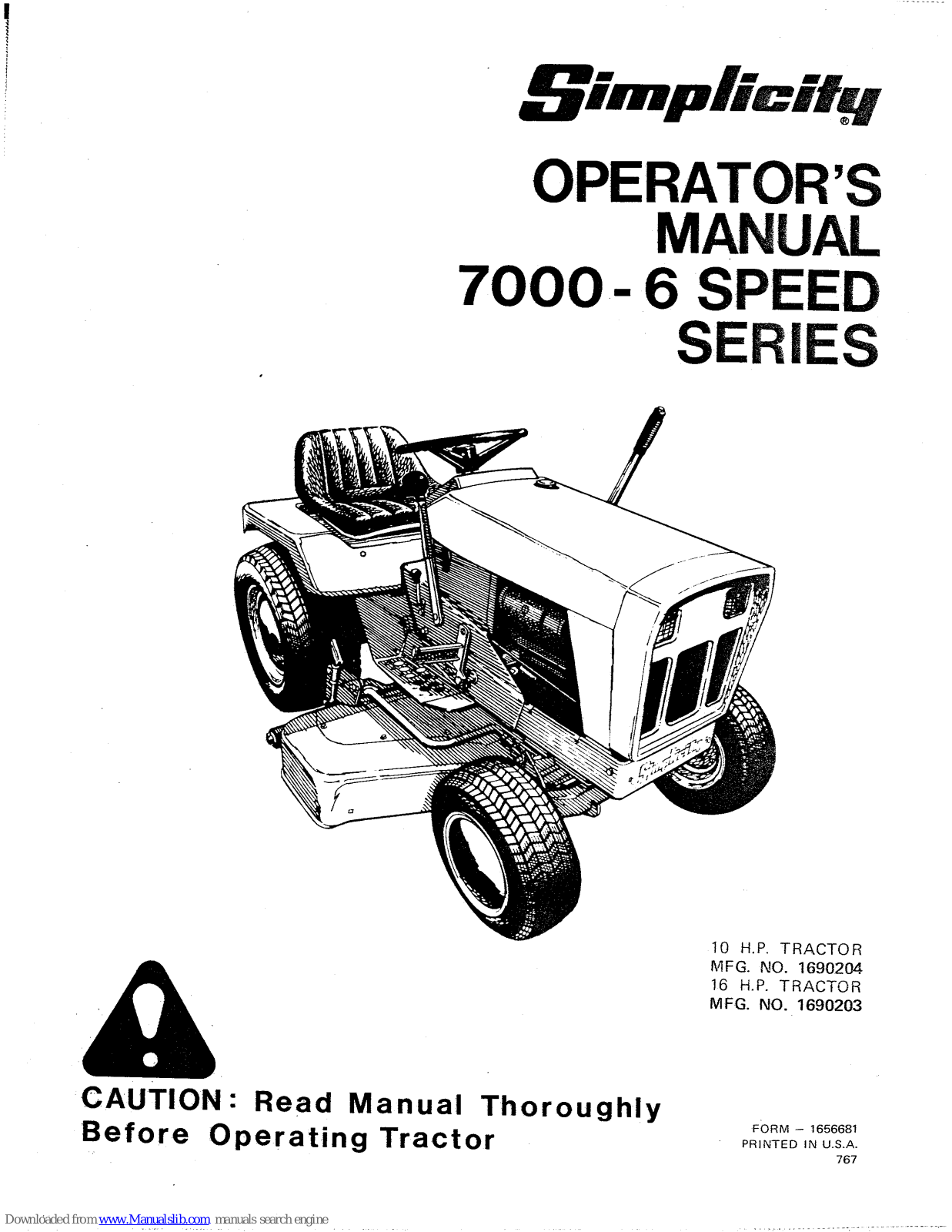 Simplicity 7000-6 Speed Series,7010-6 Speed,7016-6 Speed Operator's Manual