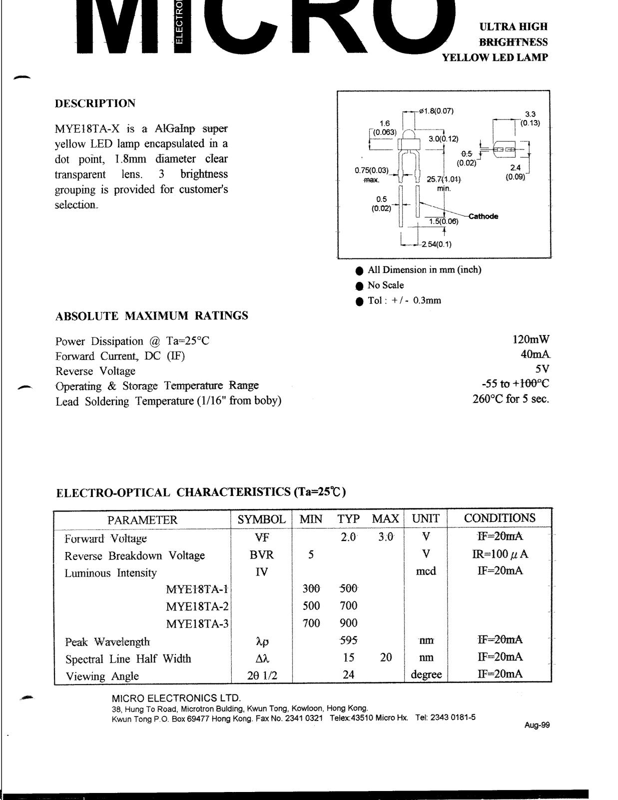 MICRO MYE18TA-1, MYE18TA-2, MYE18TA-3 Datasheet