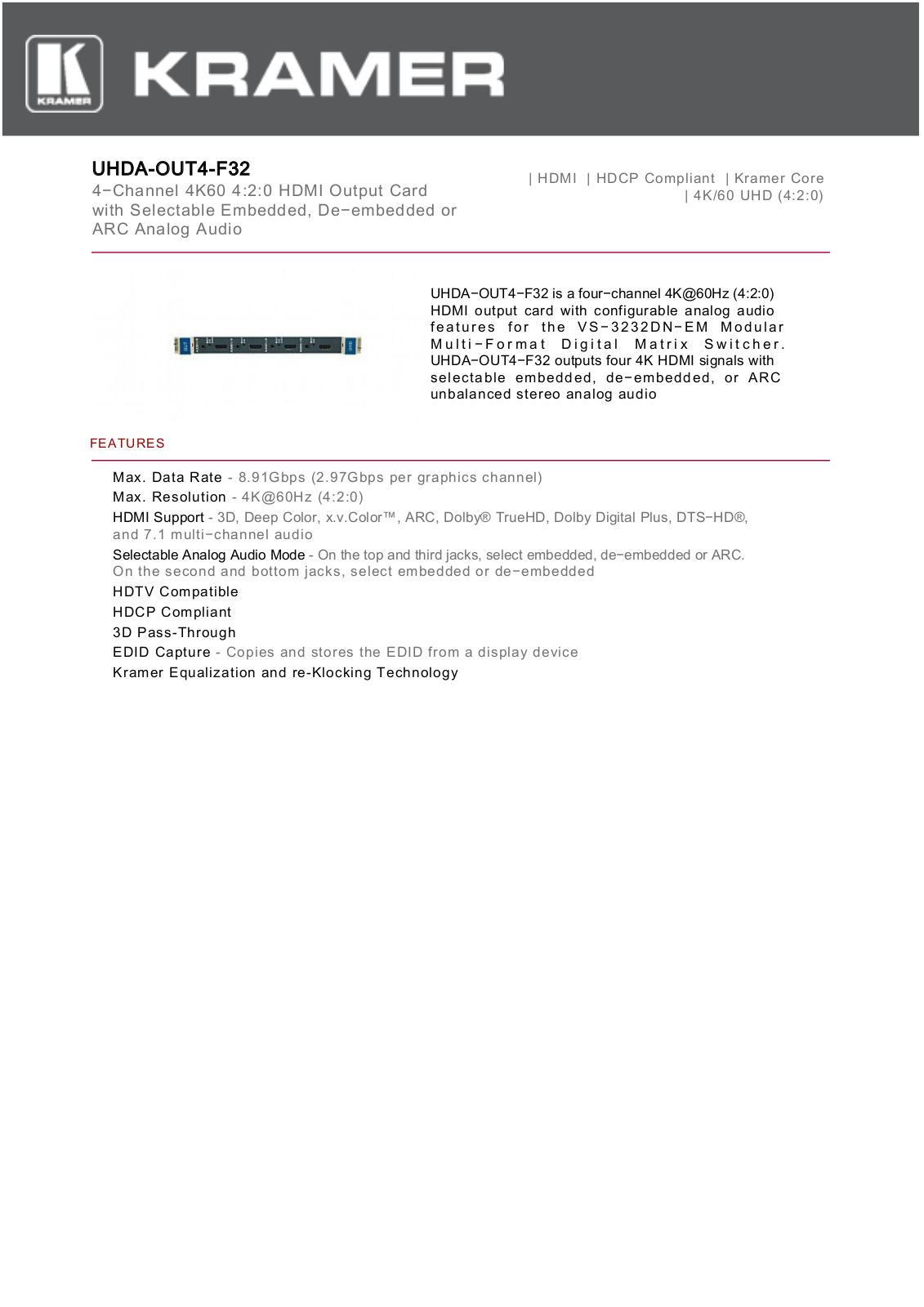 Kramer UHDA-OUT4-F32 Datasheet