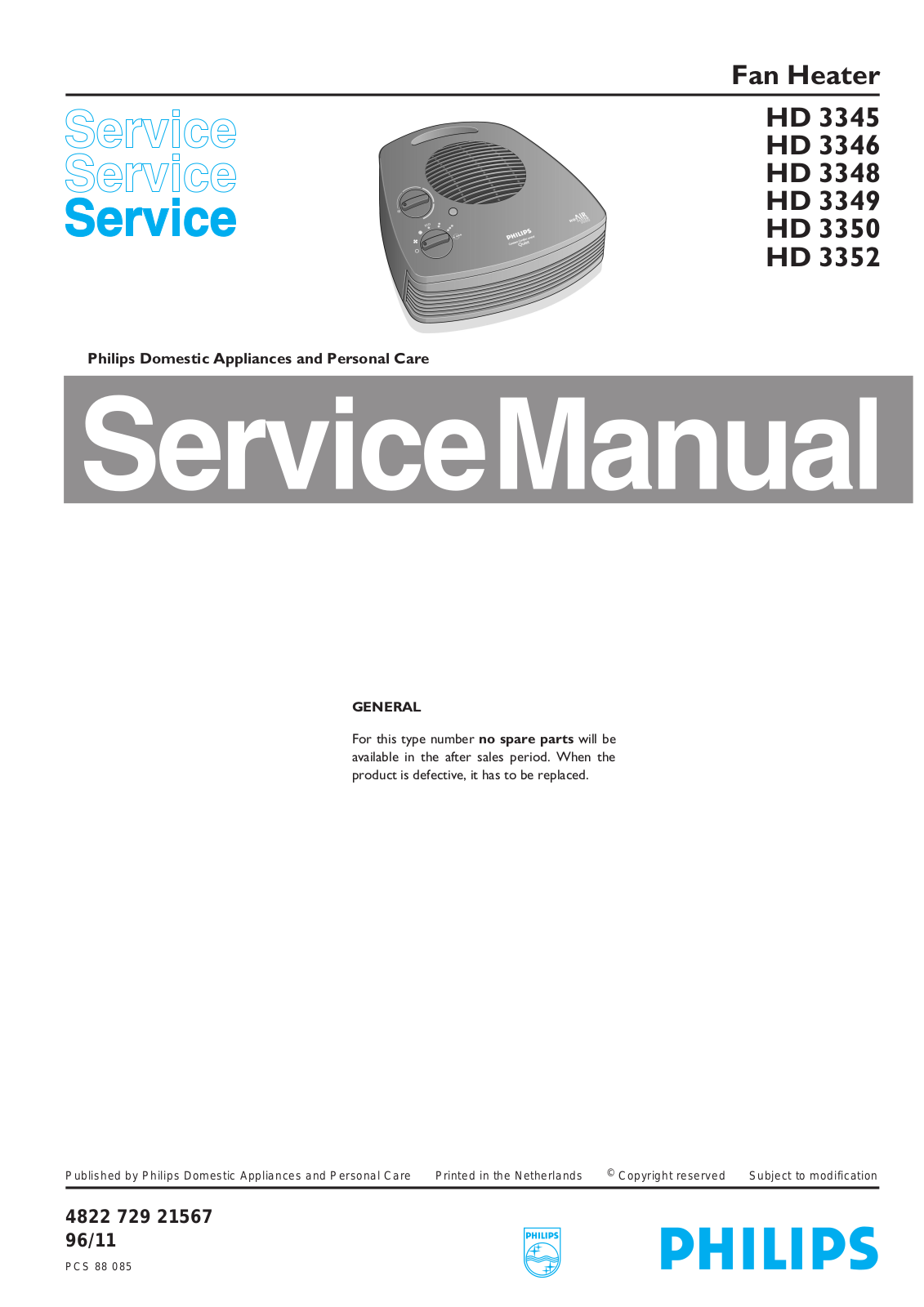 Philips HD 3352, HD 3350, HD 3348, HD 3349, HD 3346 Service Manual