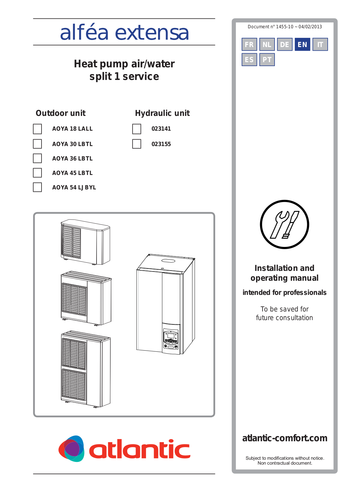 Atlantic AOYA 18 LALL, AOYA 30 LBTL, AOYA 36 LBTL, AOYA 45 LBTL, AOYA 54 LJBYL Installation And Operating Manual