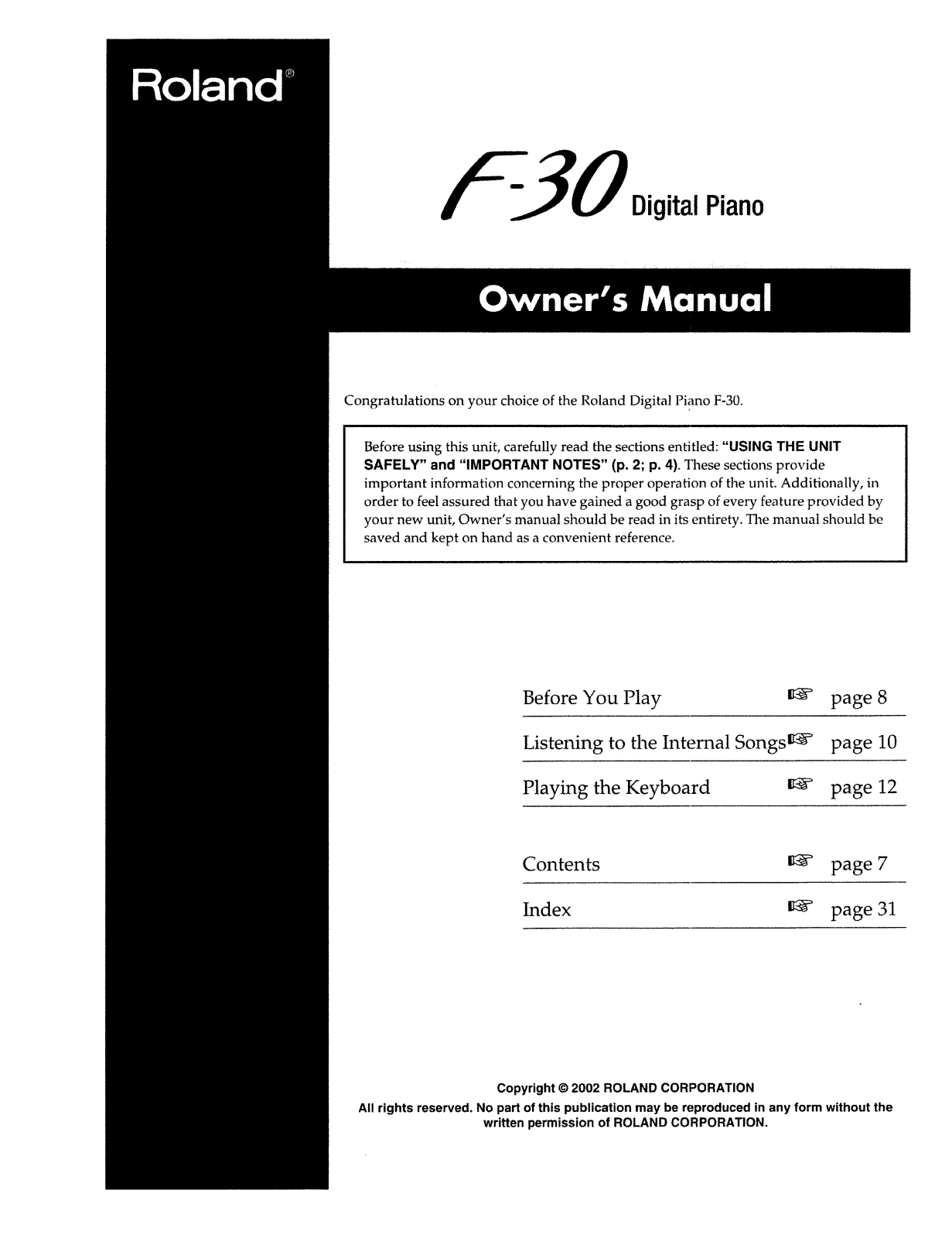 Roland Corporation F-30 Owner's Manual