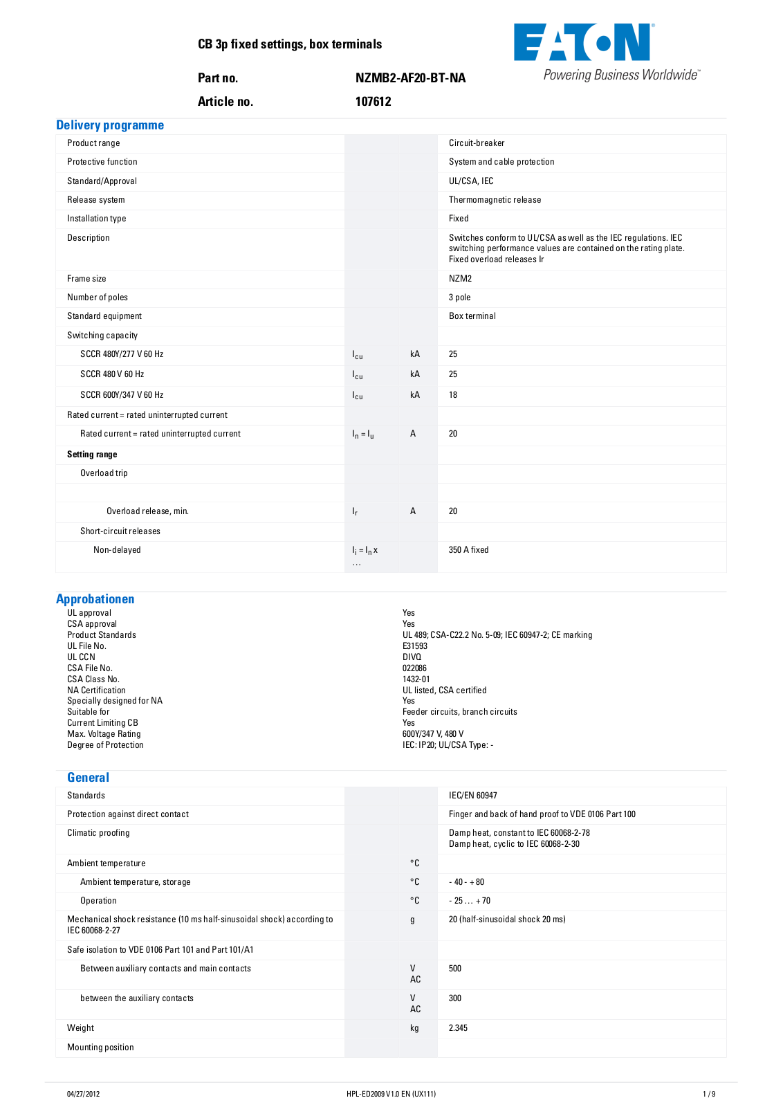 Klockner-Moeller, Div of Eaton Corp. NZMB2-AF20-BT-NA Data Sheet