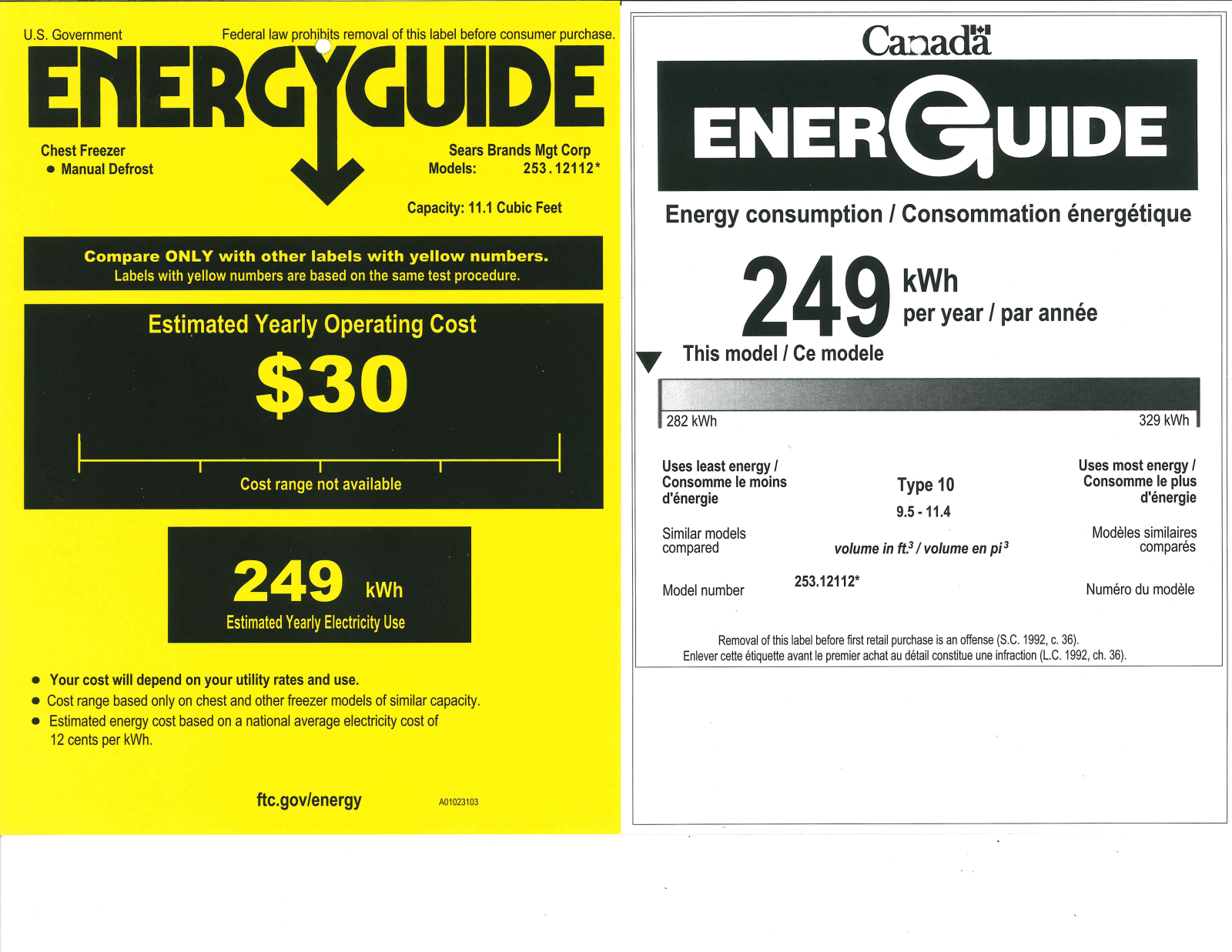 Kenmore 11 cu. ft. Chest Freezer Energy Guide