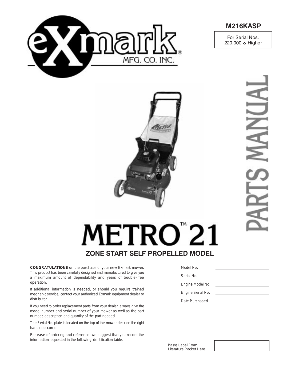 Exmark M216KA User Manual