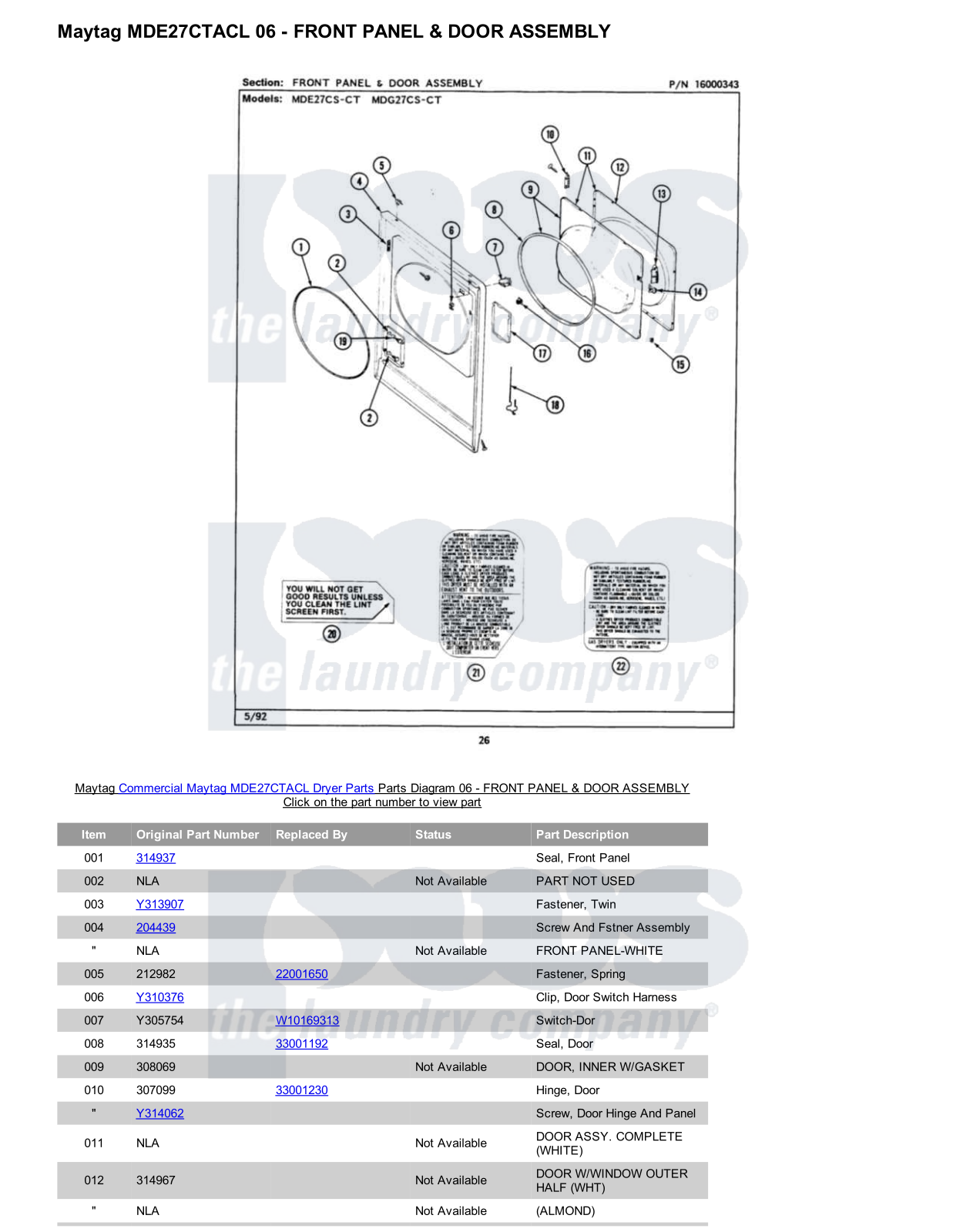 Maytag MDE27CTACL Parts Diagram