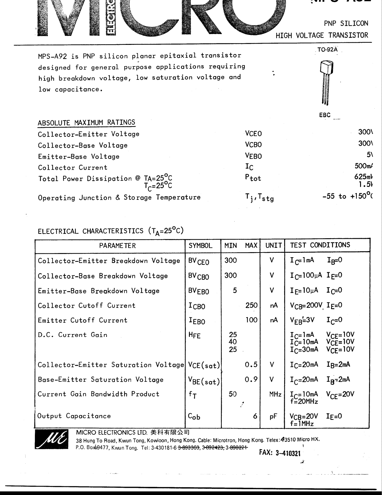 MICRO MPS-A92 Datasheet